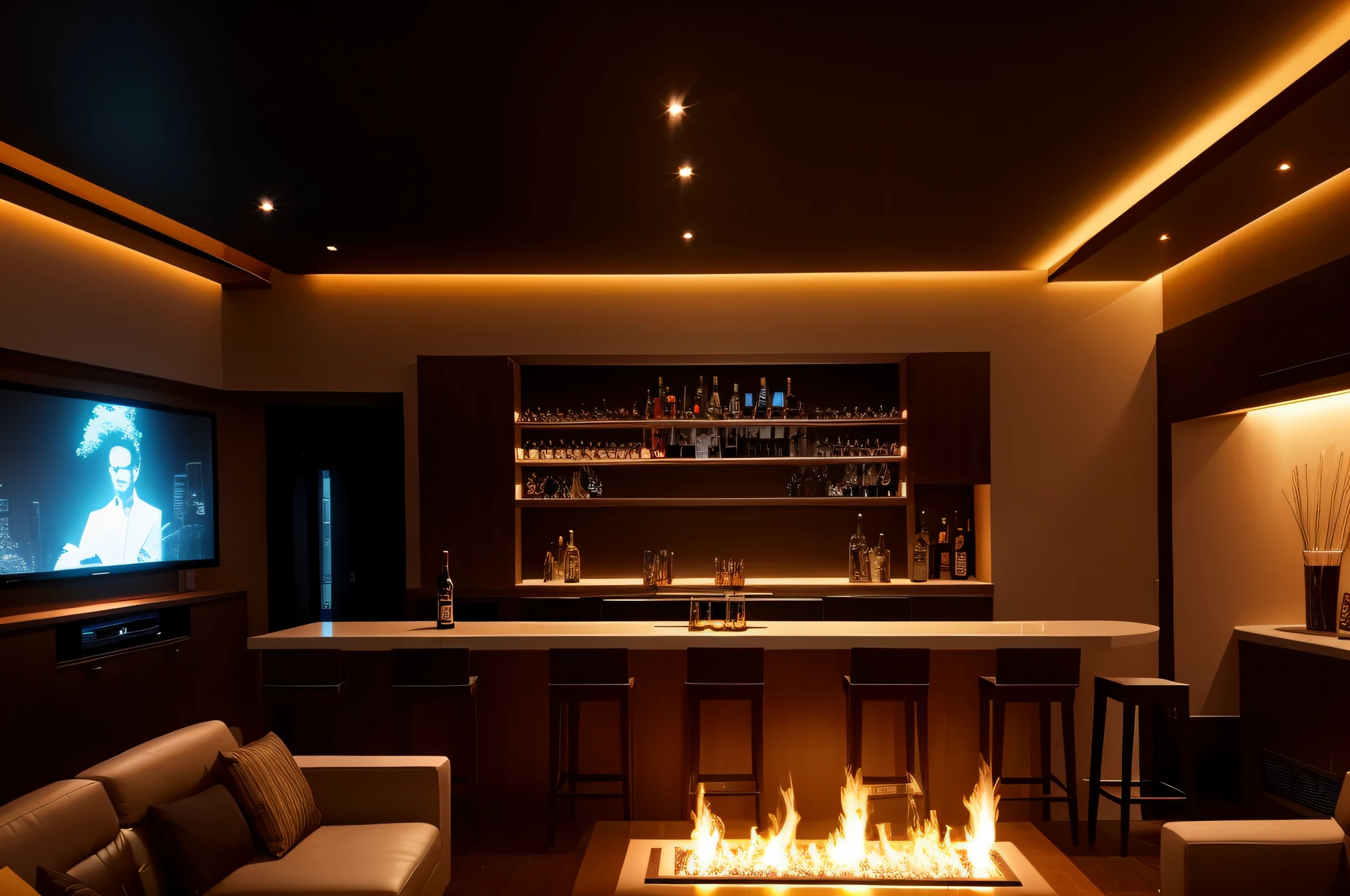 Modern living room design、Bar counter illuminated by ceiling light、The backlight glows on the machete where alcohol is lined up.、Large projector screen、Fireplace on the side、Fire glows in the fireplace々and blazing、jukebox
