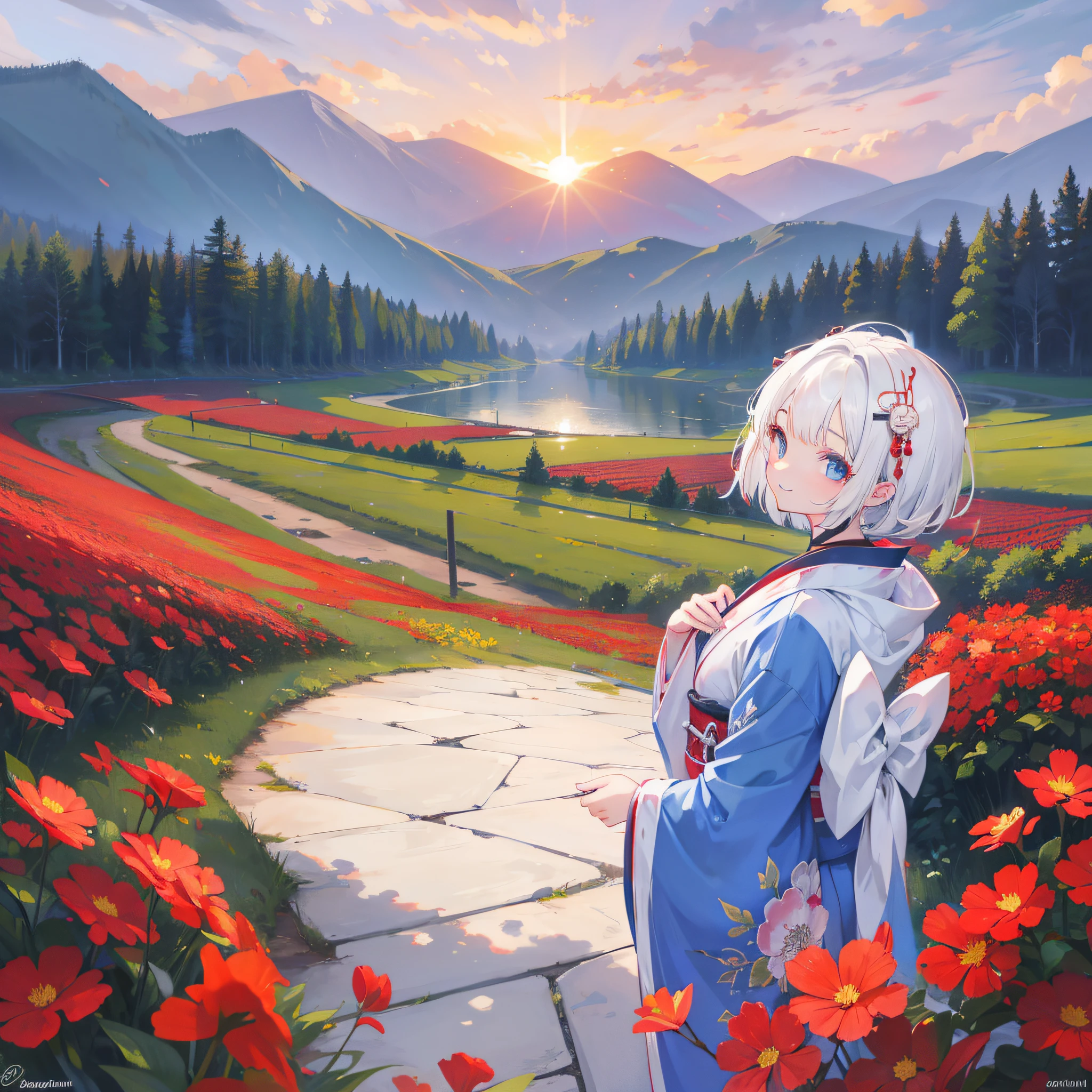 1girl,white hair,short hair,hairpin, detailed eyes,kimono,cute,16 years old,smile