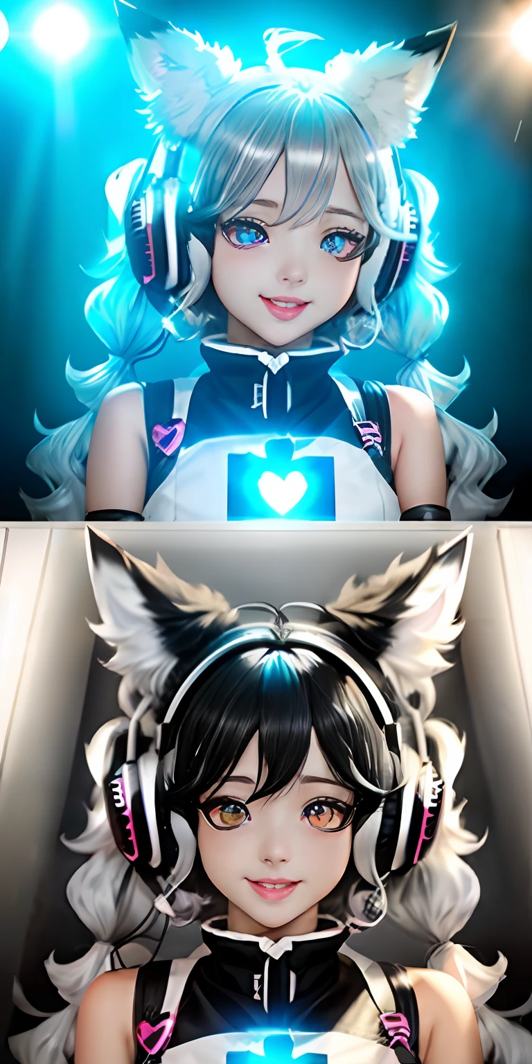 black hair, silver hair, ahoge, curly hair, twintails, headphones, heart-shaped pupils, heterochromia, fox ears, tongue out, Surrealism, cinematic lighting, backlighting, high detail, modern, f/4.0, Sony FE GM, 8k, super detail, textured skin