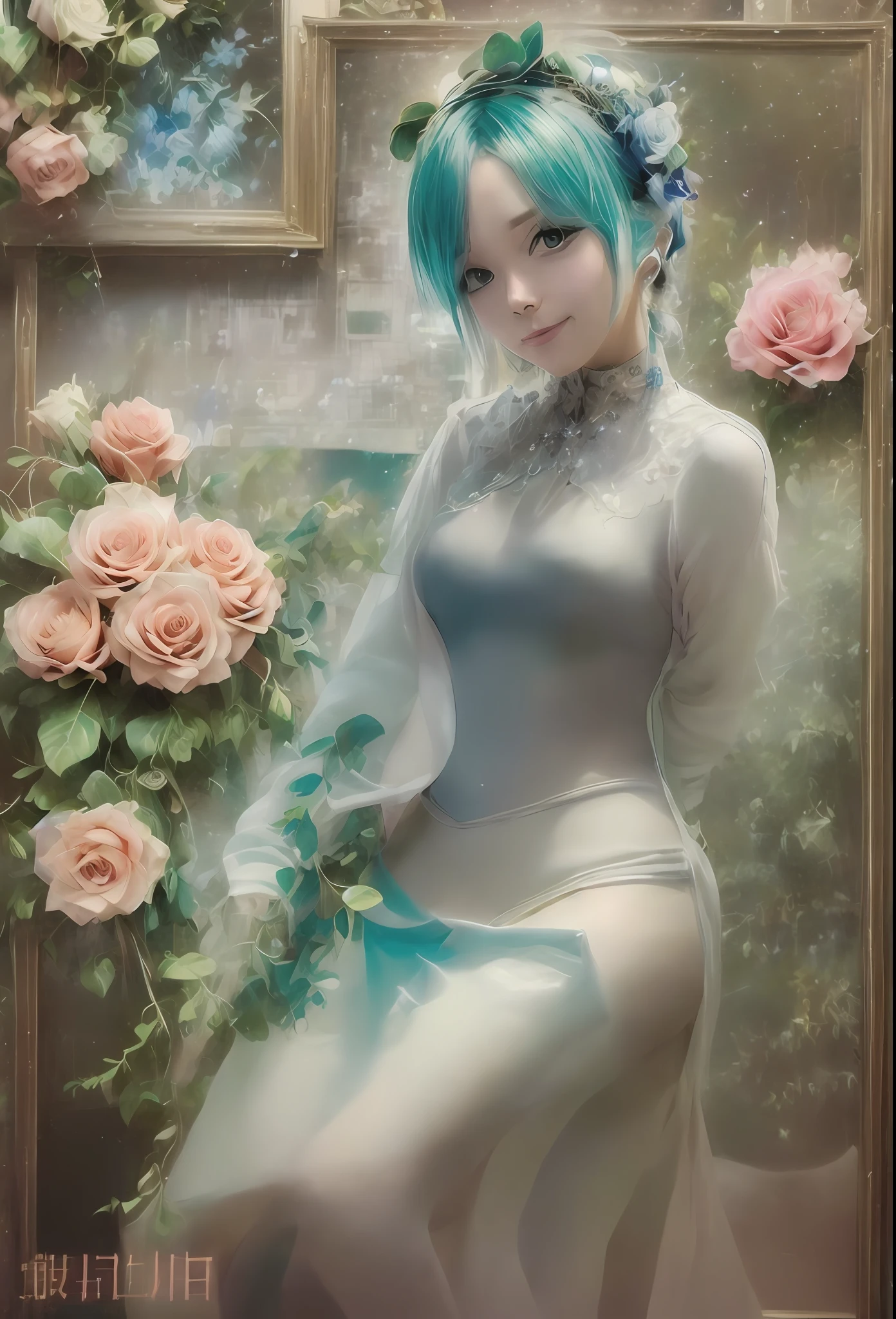 (Angel wings、😇、a smile、😌🥰Archaic Smile).hyper realstic、Ultra-realistic、Depiction of the human body without distortion、Monna Lisa、Woman in the Arms、Near and far law、Three-dimensional、Contemporary painting、moderno、world masterpiece、collection、Homage to the art or artist work of Picasso and Renoir, Not sentimental、Excellent portrayal、Gentle expression、More detailed character faces, Serious competition、Compositions like paintings、(Konmutsuki_Gacha_Series 1, punk_rosette), Realistic、Delicate brushwork、aqua color flowers, (Full body, elegant flowers background)