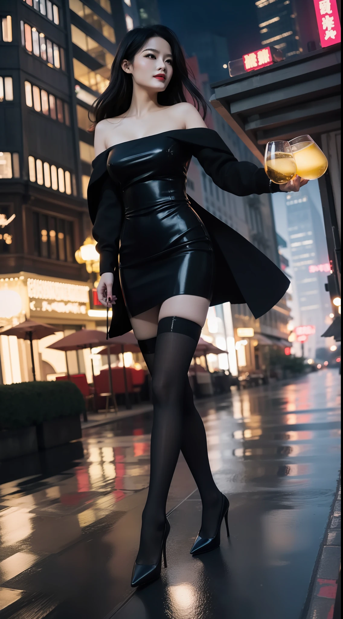 Big city at night,River side,Iot,In Shanghai,The background is a bustling street,Sexy woman,black lence stockings,red high heel pumps,Hold a wine glass in your right hand,ssmile,Professional Dress