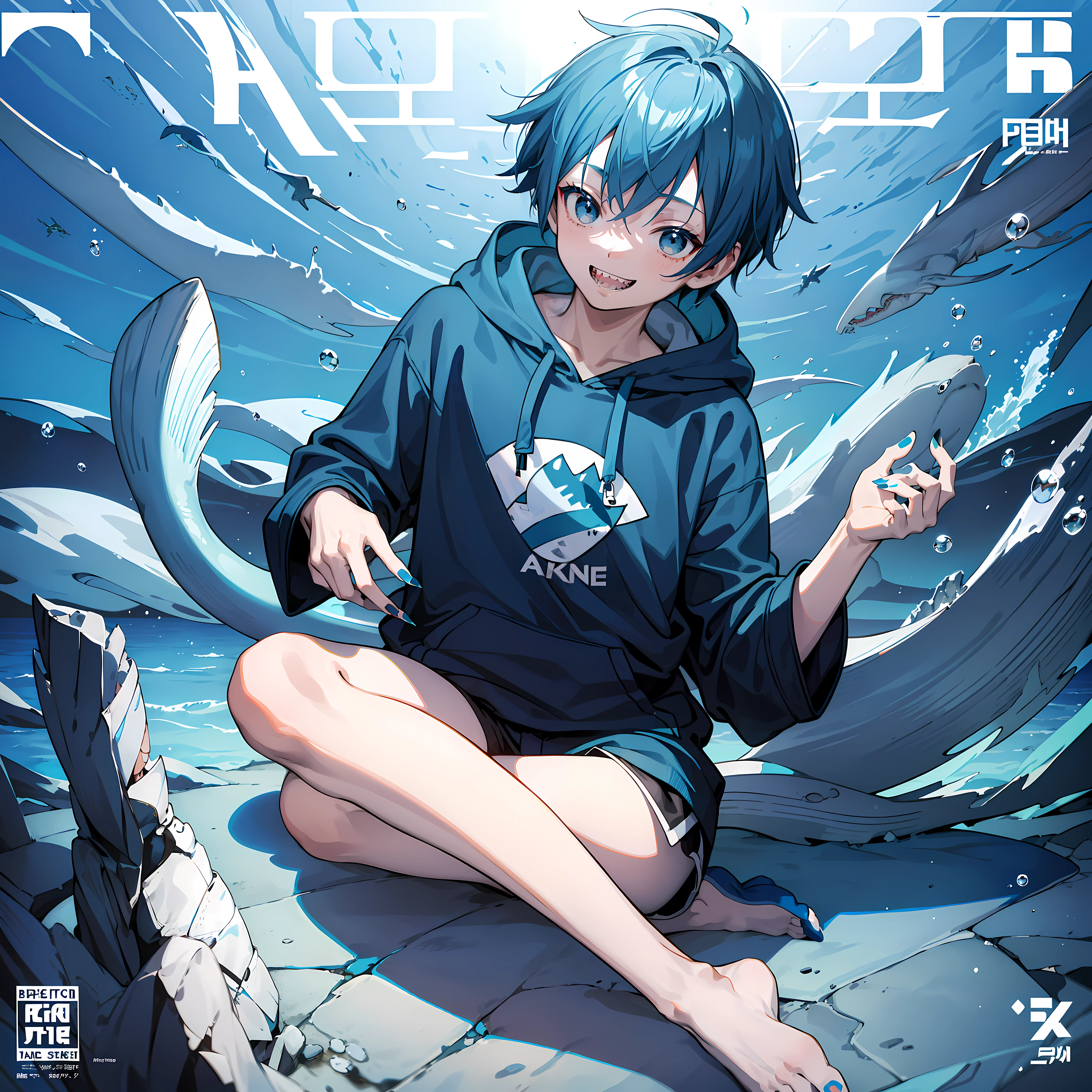 masterpiece, best quality, full body, (1boy), (Wearing a blue shark tail hoodie), (boy smiling sharp teeth), (Boy Messy Japanese Round Haircut for Thick Hair), (blue nails), (blue hair), black shorts, ((solo)), (magazine:1.3), (cover-style:1.3), fashionable, under the ocean, underwater city