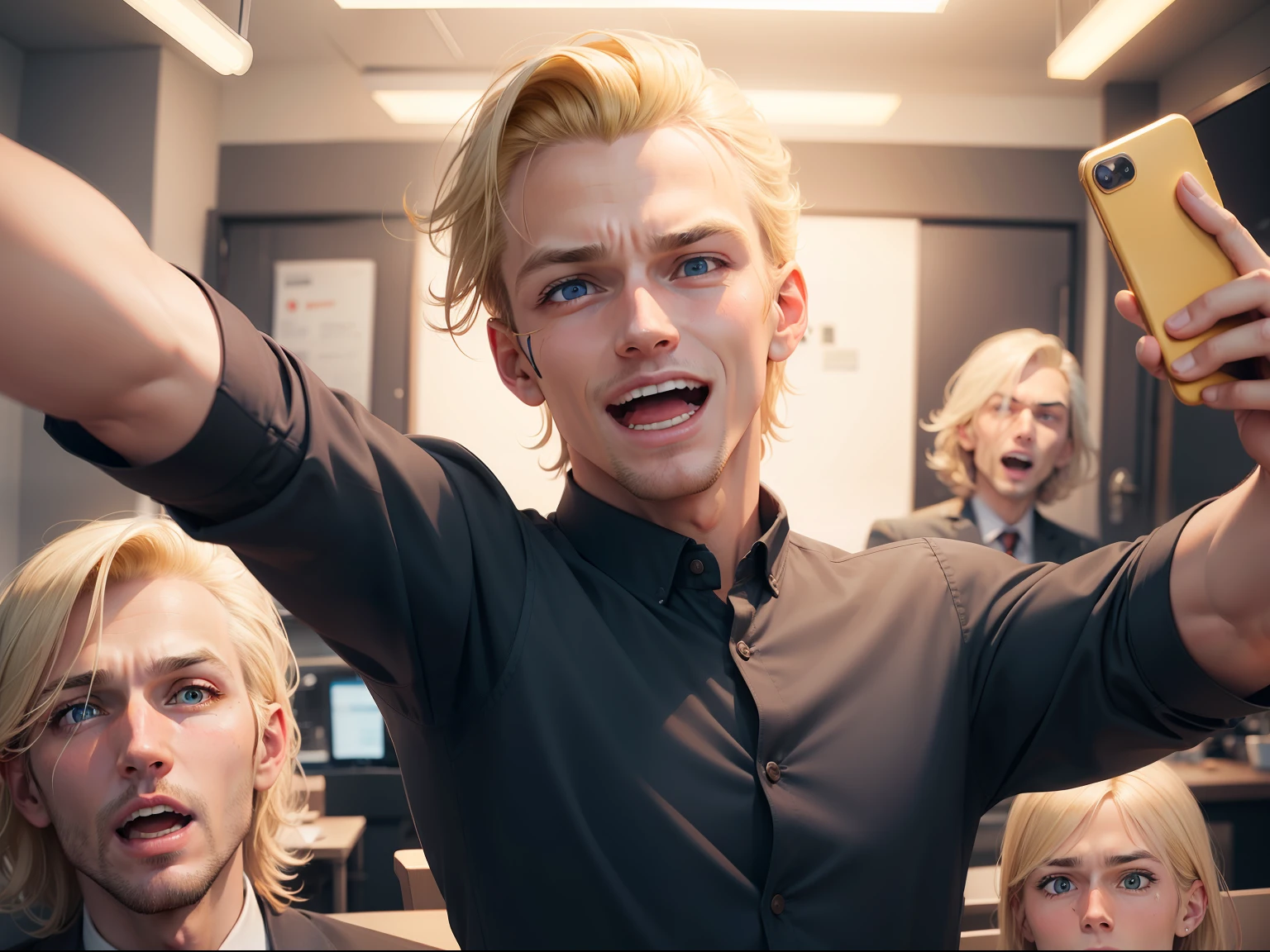 face expression: a selfie of a blonde man showing his facial expression of surprise and excitement at having the big idea for the business.