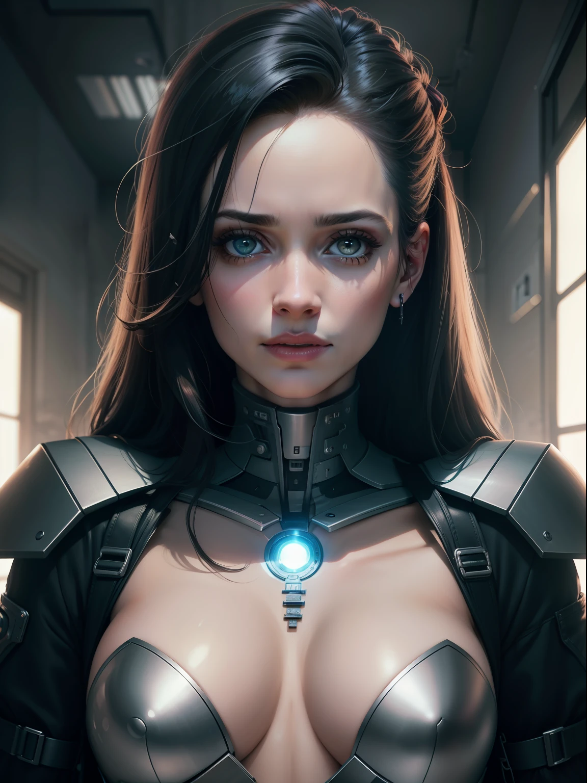 1 retrato de 1 mulher, inspirado na atriz Eva Green, rosto detalhado, olhos detalhados, musculatura correta, Anatomia correta, thirds rule, proportion Aurea, translucido, microchips, eletronicas, Cabos, cyber implants, high resolution better rendering, cinematic lighthing, 8k, papel de parede 8k