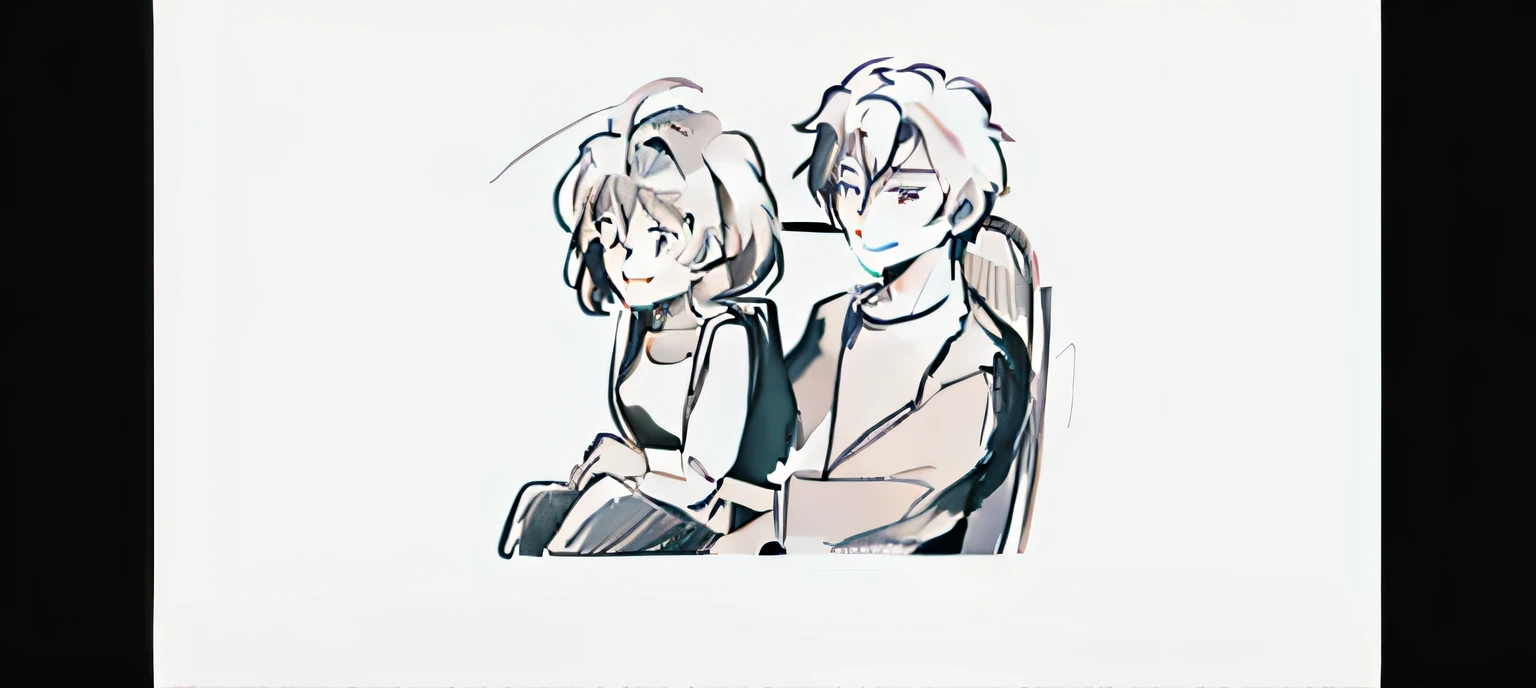 There are two people sitting together in a car seat, Boy and girl, cute couple, High-quality fanart, couple, Happy couple, sitting relax and happy, lovely art style, with short hair, growth of a couple, In anime style, in an anime style, couple pose, Cute cartoon, Cute anime style, The boys wear blue,Girls wear pink
