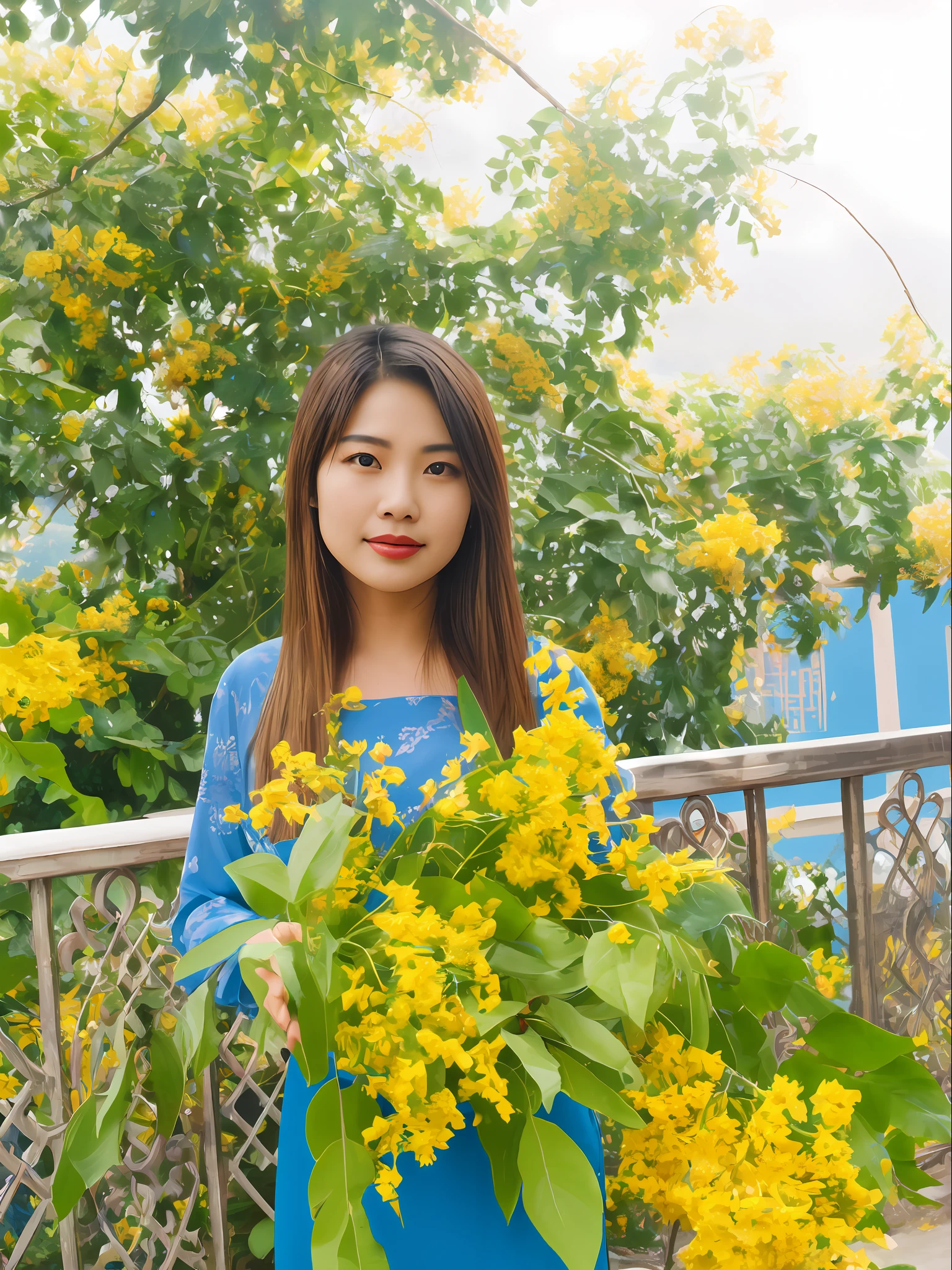 arafed woman in blue dress holding a bunch of yellow flowers, with flowers, dang my linh, with yellow flowers around it, hoang long ly, profile image, vietnamese woman, mai anh tran, in style of lam manh, ao dai, inspired by Ruth Jên, with yellow cloths, nivanh chanthara,landscape is mountain