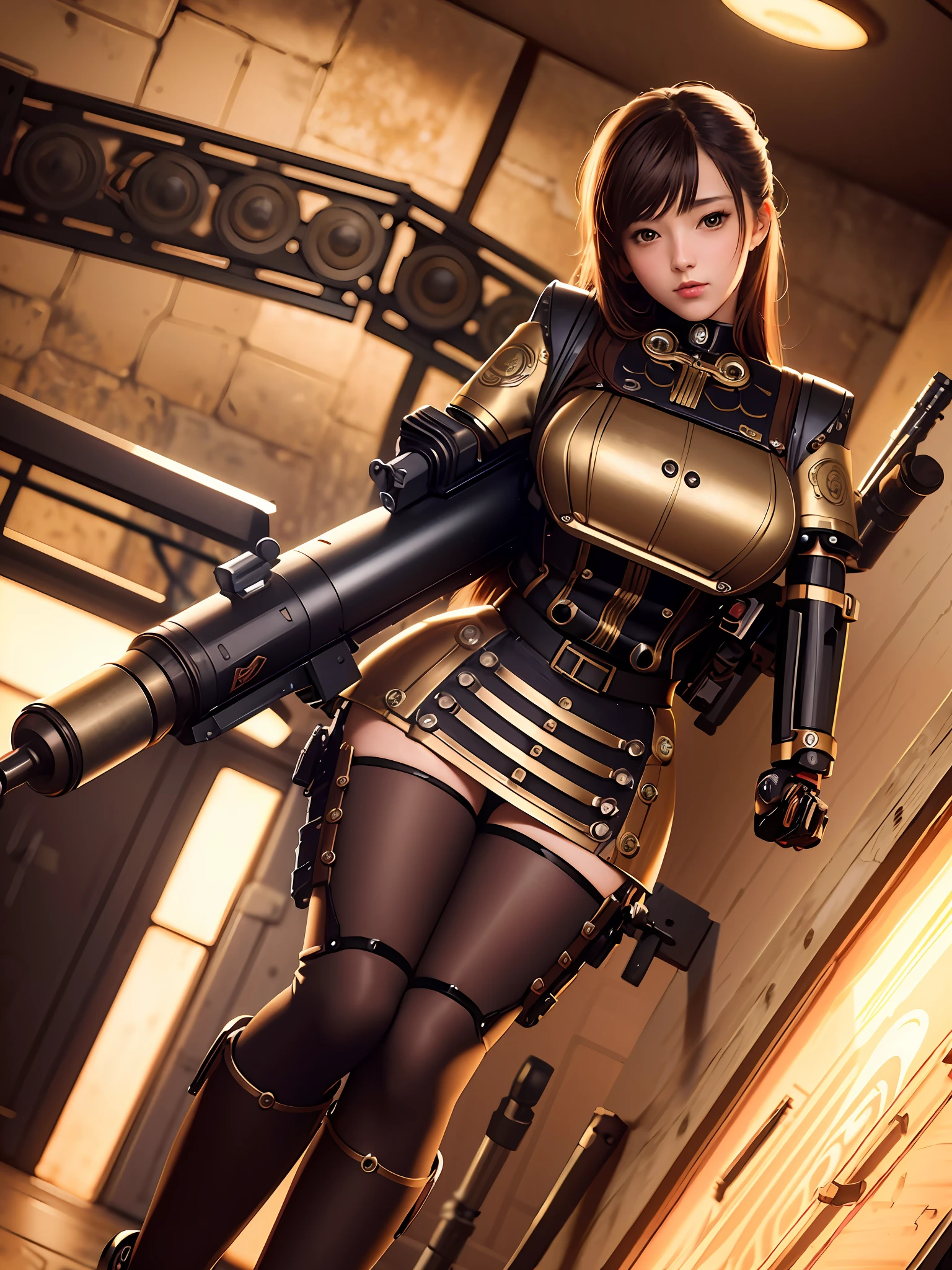 Masterpiece,Best quality,Ultra detailed,anime illustration,steam punk mechanical girl aiming gun to viewer,Mechanical arms,mechanical leg,Dynamic Angle,Cinematic lighting,