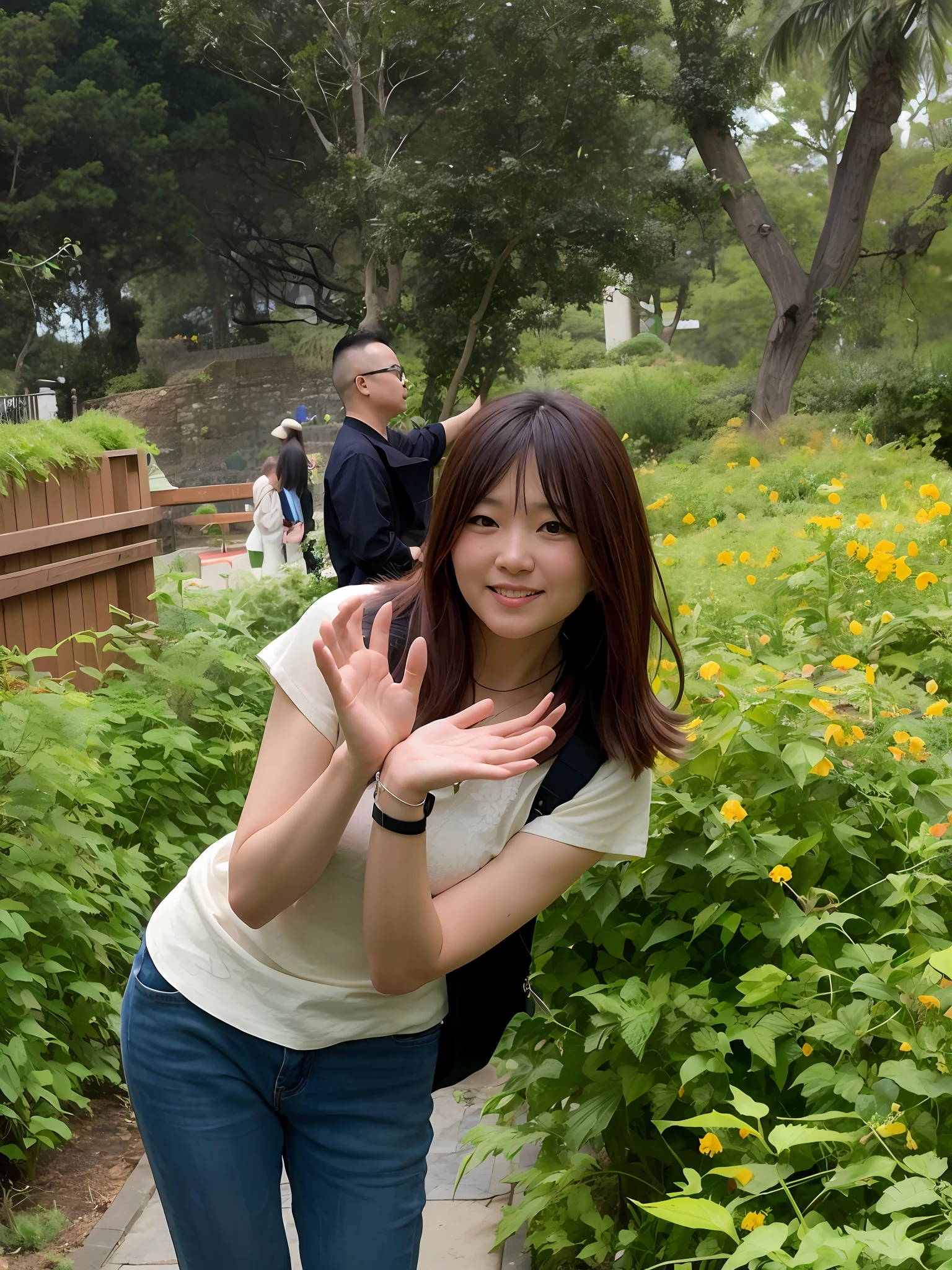 There was a woman standing in the garden waving, park in background, on the garden, standing in a botanical garden, taken with sony alpha 9, xintong chen, vacation photo, Choi Hyun-hwa, jaeyeon nam, waving at the camera, with a park in the background, at park, photo taken with canon 5d, gongbi