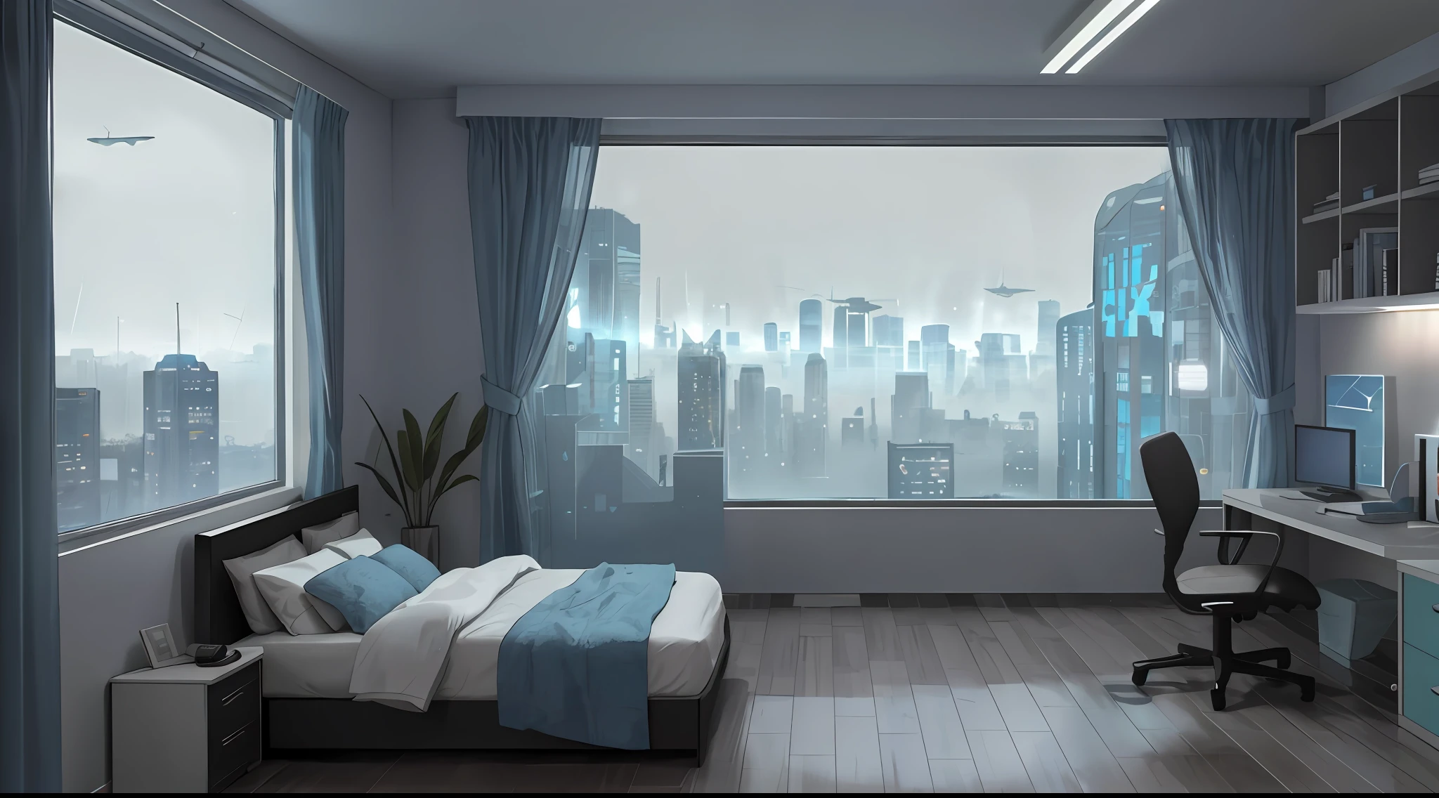 Gorgeous sci-fi matte painting for John Harris' bedroom, Sparta and Greg Rutkowski. sharp edges, Camera Straight, Tiffany Blue, Small bedroom, Teenage room, A small room, computer, dark gray, Blue-gray.. Sci-fi bedroom , Outside the windows of the cyberpunk cityscape, Outside the window are tall buildings and billboards, Cyberpunk room, rain outside the window, Fog effect outside the window, gloomily. Ultra-sharp detail, 3d, октановый рендеринг 8K, Next to the bed is a table with a computer