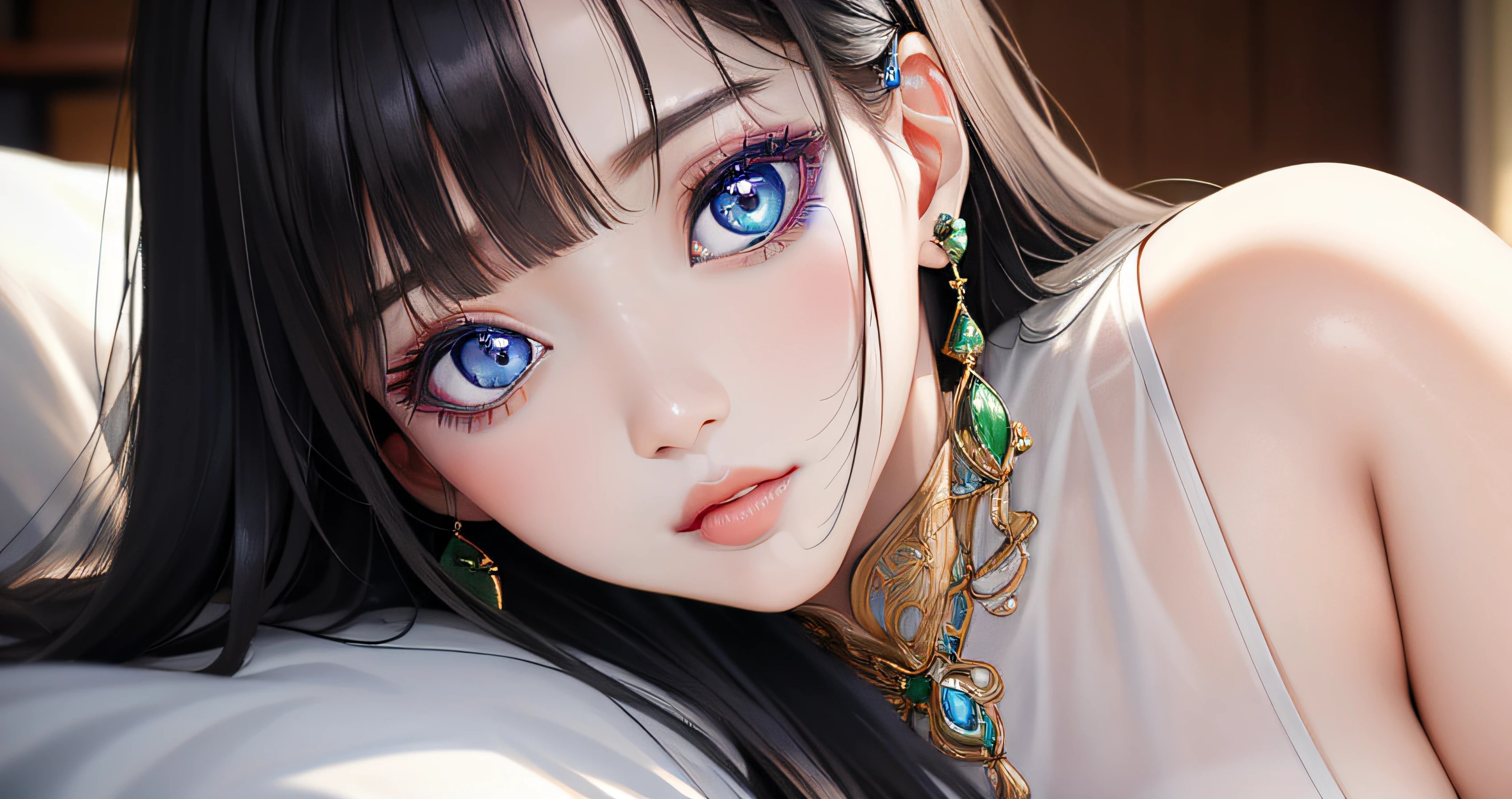 photorealistic, photoshoot, , realistic, extreme closeup of mesmerizing ulzzang eyes, iris is highly detailed, the veines are defined and her eyecolor is the green and blue of the otion, the sunset reflects in the eyes