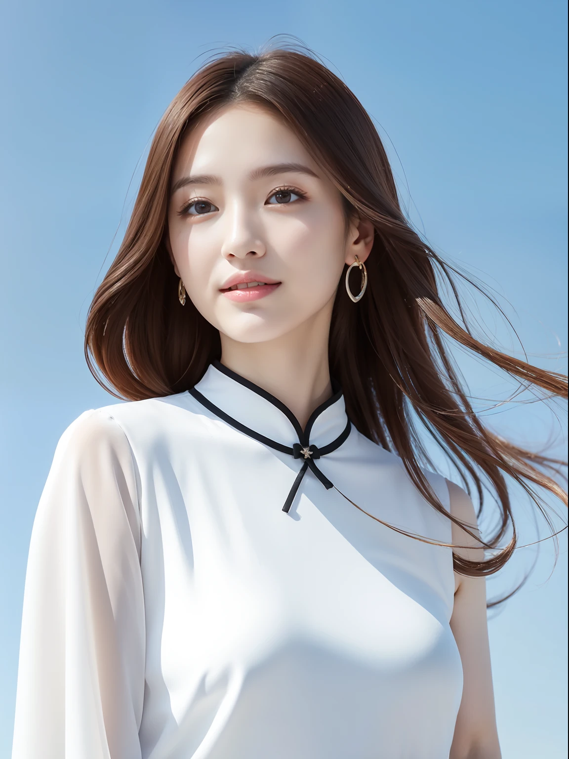 there is an ancient palace beside the girl, a extremely delicate and beautiful girl, photorealistic, incredibly absurdres, Abstract art, Show from the hips to the shoulders, grabbing, extremely detailed body, woman, young,20 years old, very long hair, floating hair, light brown hair, two-tone hair, beautiful detailed hair, delicate beautiful face, light smile, clear eyes, parted_lips, black eyes, Noble cheongsam, white Clothes, floating palace, beautiful and clear background, beautiful sky, bloom, very precise detailed, absurdres, extremely CG,