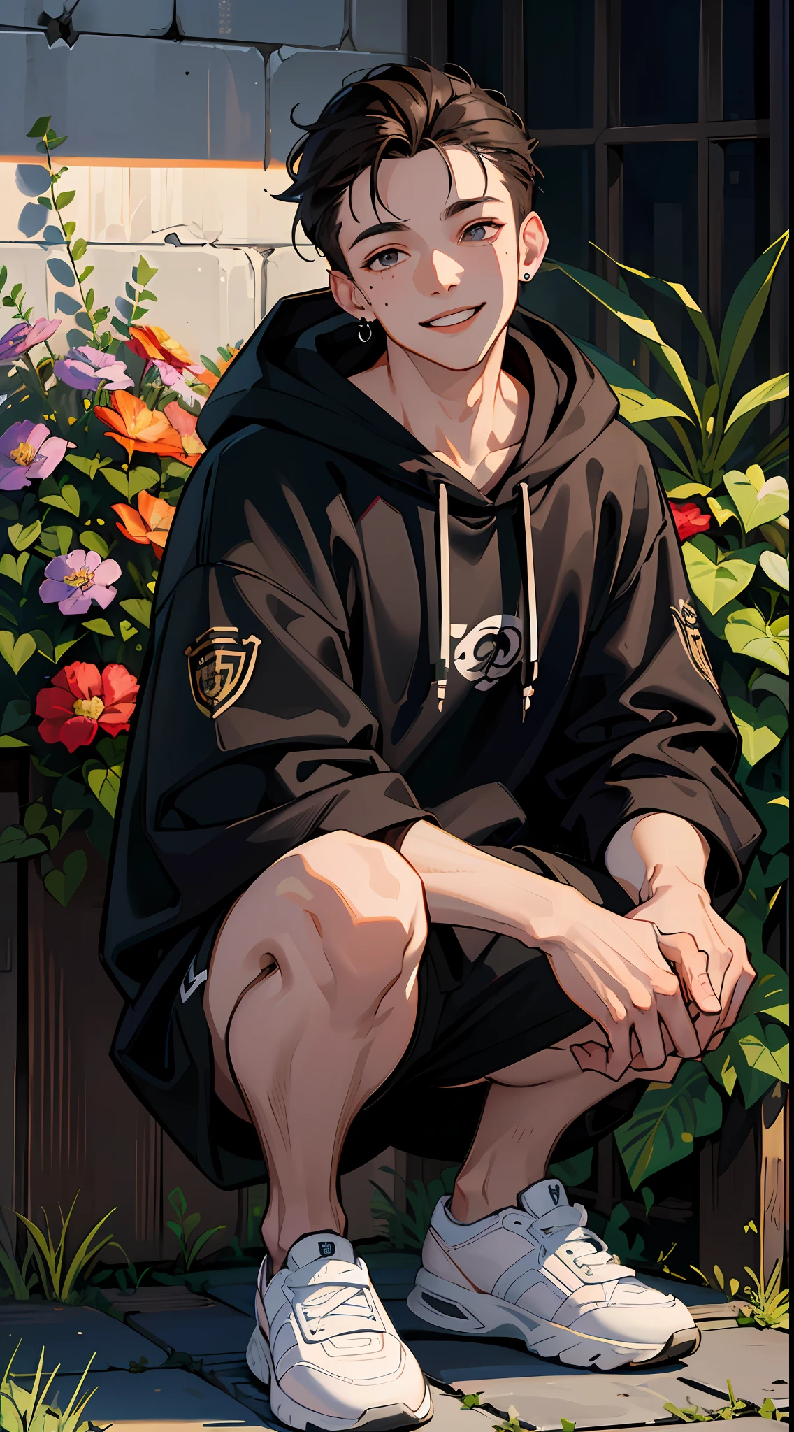 (absurdres, highres, ultra detailed, HDR), masterpiece, best quality, 1boy, solo, handsome, dark brown hair, finely eye and detailed face, forehead, mole under his eye, black oversized hood, (white shorts), sneaker, ear piecing, squatting, plant, flower, back alley background, smile, from above, look up