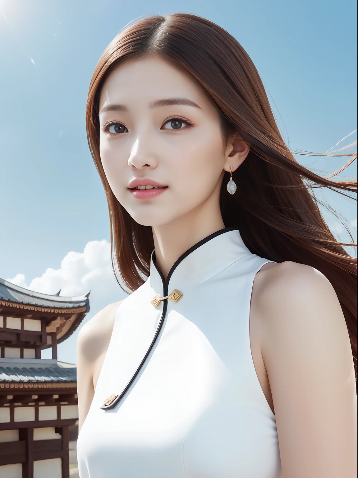 there is an ancient palace beside the girl, a extremely delicate and beautiful girl, photorealistic, incredibly absurdres, Abstract art, Show from the hips to the shoulders, grabbing, extremely detailed body, woman, young,20 years old, very long hair, floating hair, light brown hair, two-tone hair, beautiful detailed hair, delicate beautiful face, light smile, clear eyes, parted_lips, black eyes, Noble cheongsam, white Clothes, floating palace, beautiful and clear background, beautiful sky, bloom, very precise detailed, absurdres, extremely CG,