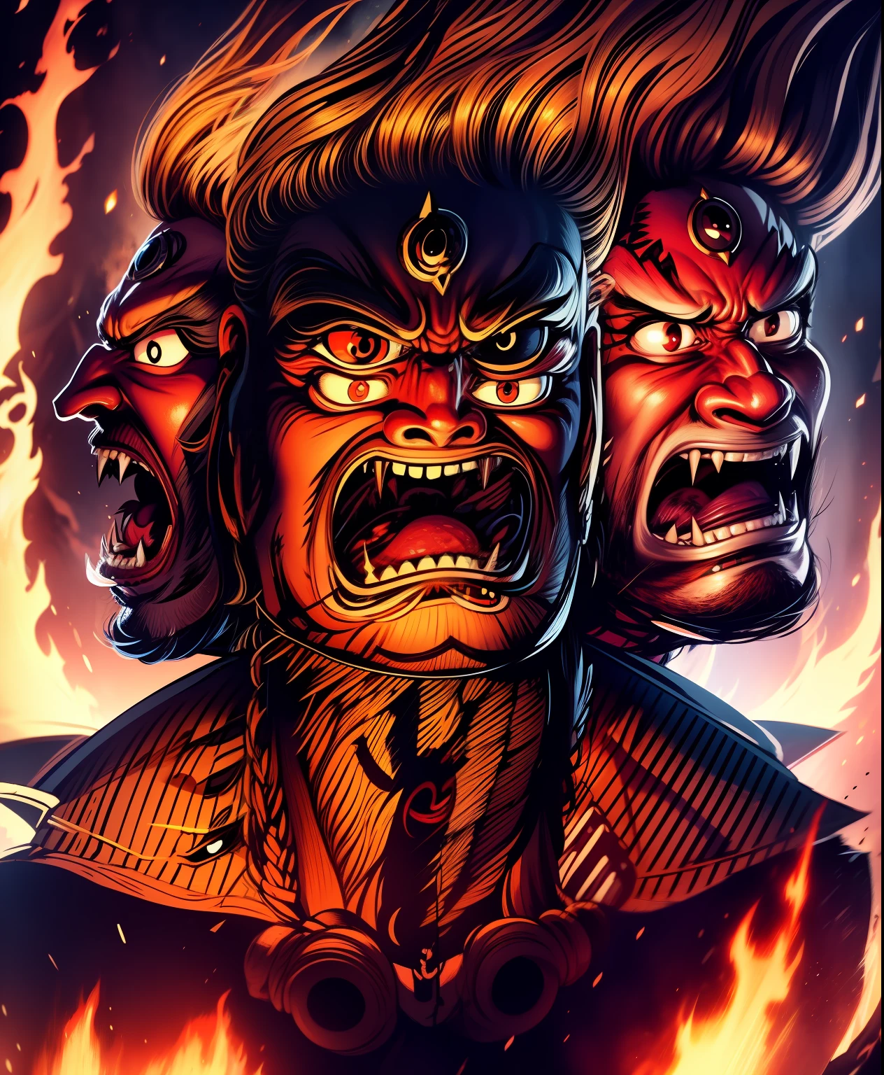 Angry three-headed man，Double eyes，buck teeth，Hair stands on end，Fire，