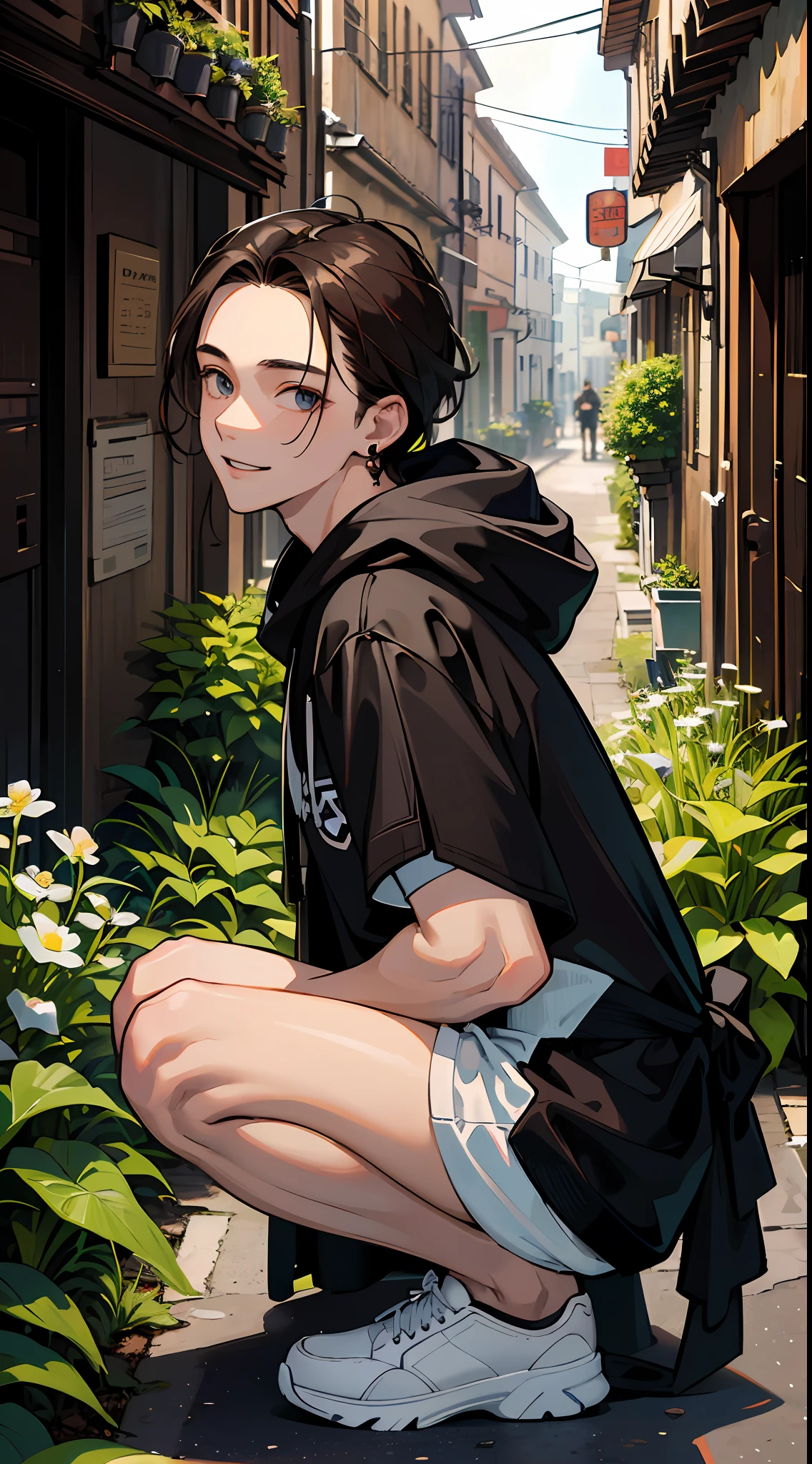 (absurdres, highres, ultra detailed, HDR), masterpiece, best quality, 1boy, solo, handsome, dark brown hair, finely eye and detailed face, forehead, mole under his eye, black oversized hood, (white shorts), sneaker, ear piecing, squatting, plant, flower, back alley background, smile, from above, look up