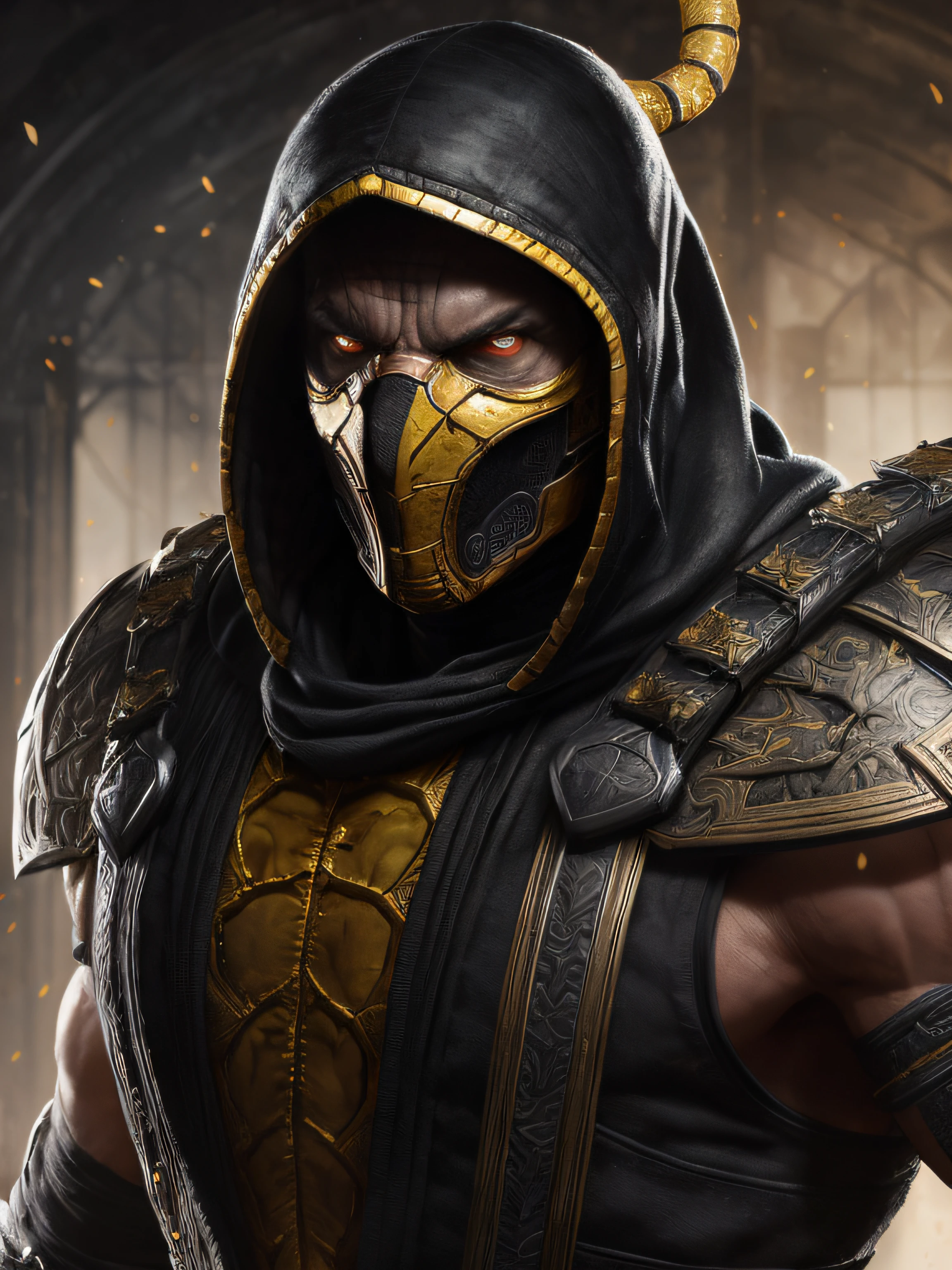 a portrait, scorpion from mortal kombat, detailed white eyes, bladk anc yellow armor, hood, veins on his arm, Intricate, High Detail, Sharp focus, dramatic, photorealistic painting art by greg rutkowski