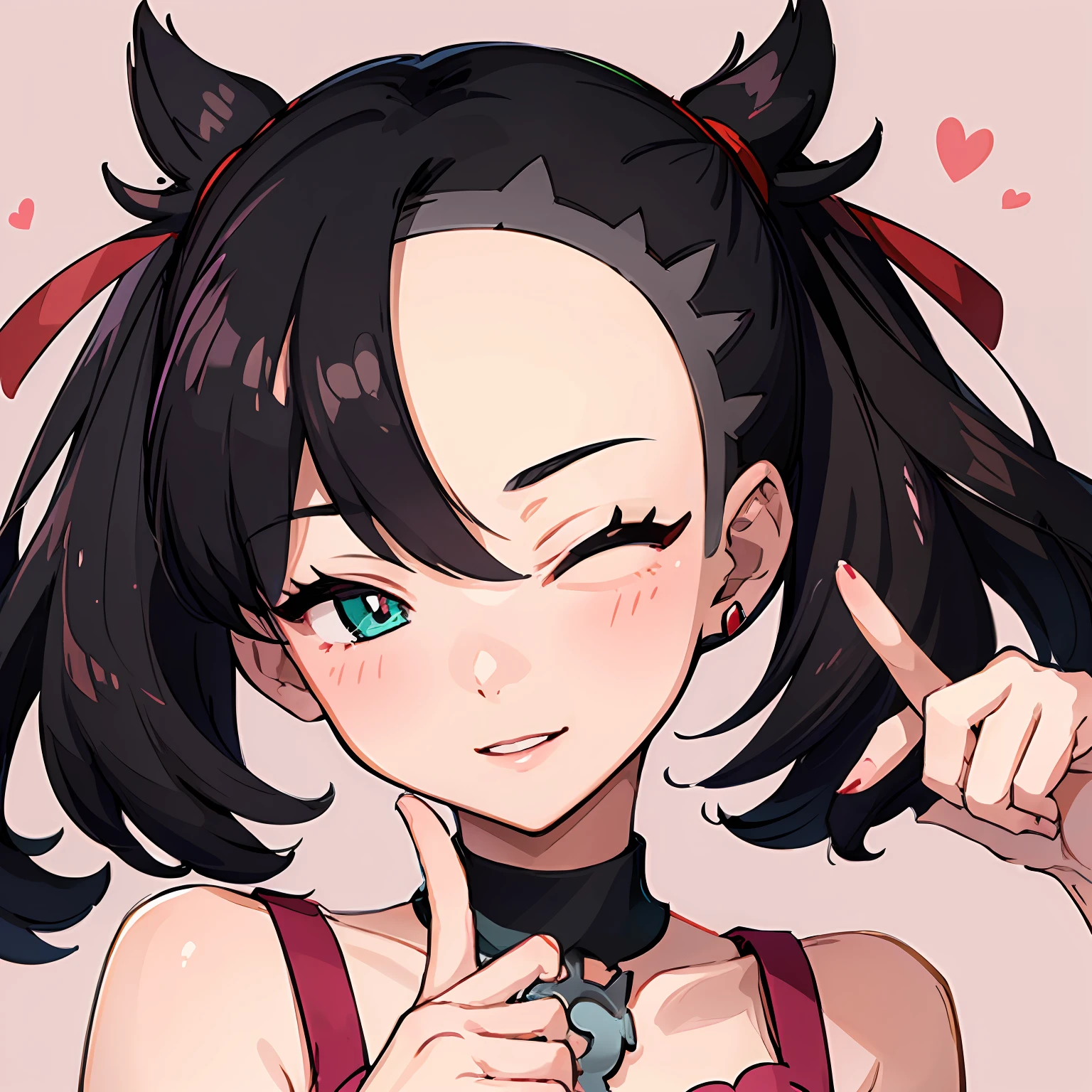 Cute 1girl, illustration, hmmarnie ,(marnie from pokemon) ,red ribbon, portrait, green eyes , long eyelashes,pink luscious lips,black choker, (cute feminine face) , asymmetrical bangs , earrings , cute  , happy expression , smile , (close up , one eye closed , finger over lips) , pink dress , perfect fingers, perfect hand