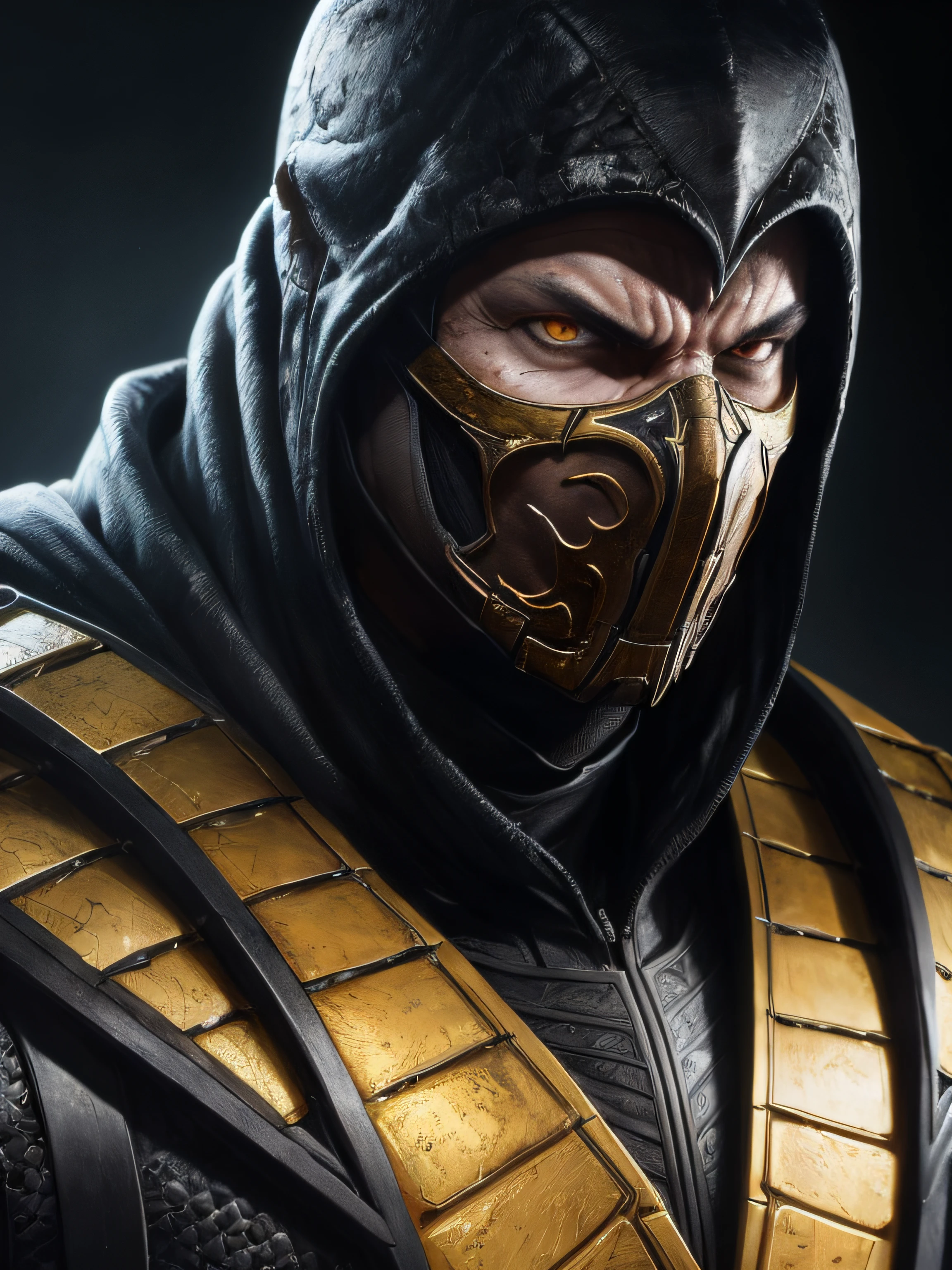 a portrait, scorpion from mortal kombat, detailed white eyes, bladk anc yellow armor, hood, veins on his arm, Intricate, High Detail, Sharp focus, dramatic, photorealistic painting art by greg rutkowski