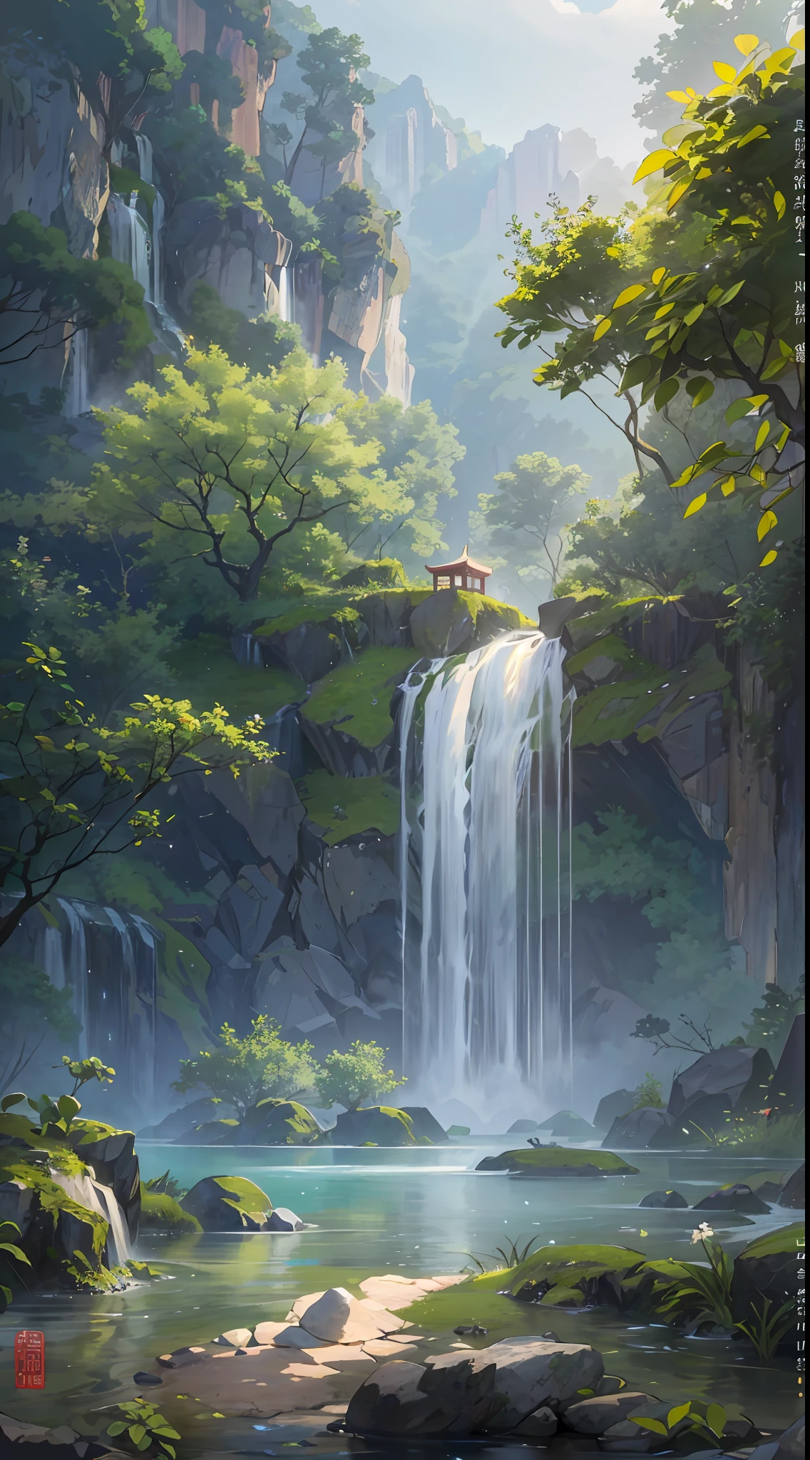 Chinese ancient times, spring, jungle, lake, cave, waterfall, tree, meadow, rock, deer, hot spring, water vapor, (illustration: 1.0), epic composition, realistic lighting, HD details, masterpiece, best quality, (very detailed CG unified 8k wallpaper)