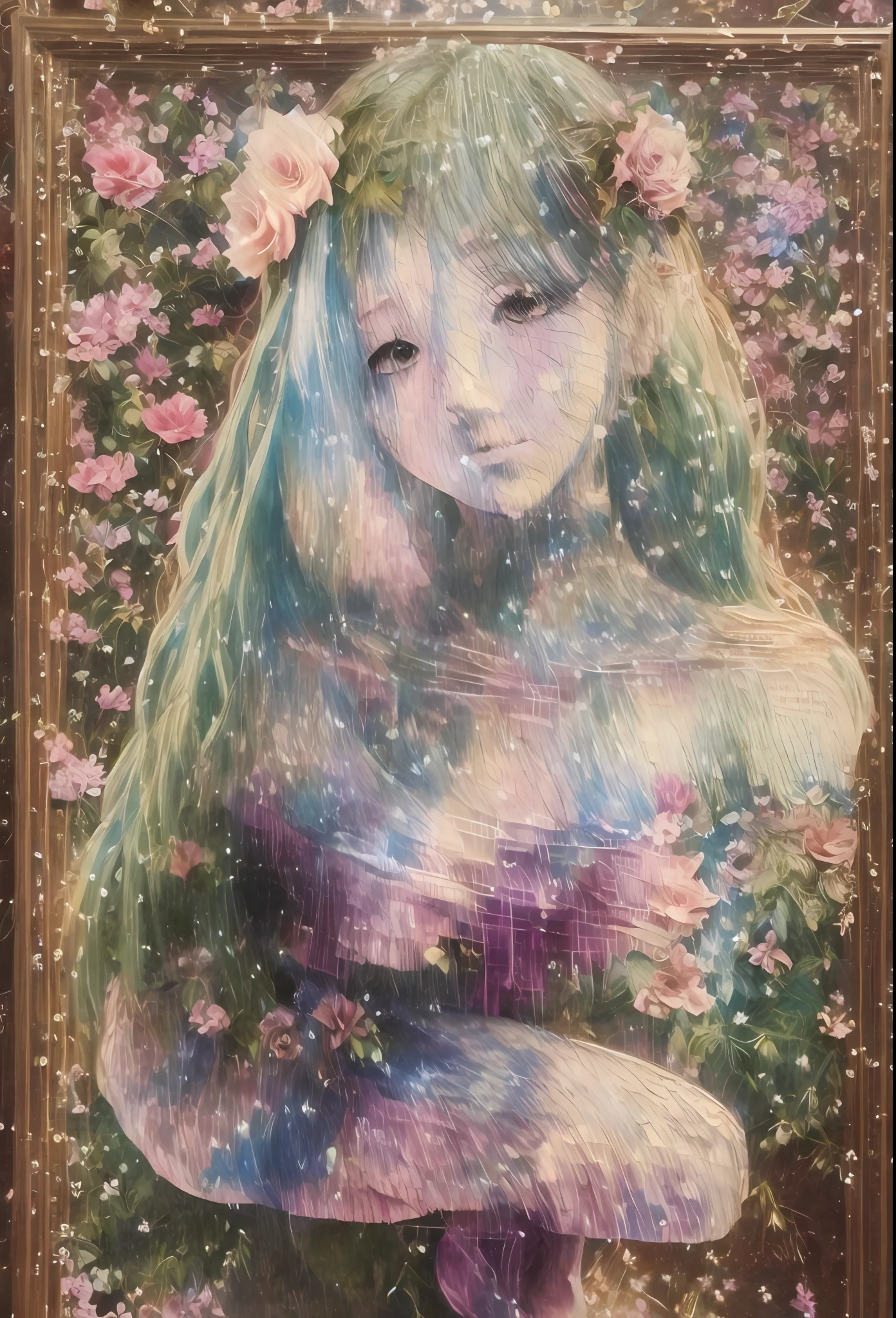 hyper realstic、Ultra-realistic、Depiction of the human body without distortion、Monna Lisa、Woman in the Arms、Near and far law、Three-dimensional、Contemporary painting、moderno、world masterpiece、collection、Homage to the art or artist work of Picasso and Renoir, Not sentimental、Excellent portrayal、Gentle expression、More detailed character faces, Serious competition、Compositions like paintings、Konmutsuki_Gacha_Series 1, punk_rosette, Realistic、Delicate brushwork、aqua color flowers, Full body, elegant flowers background