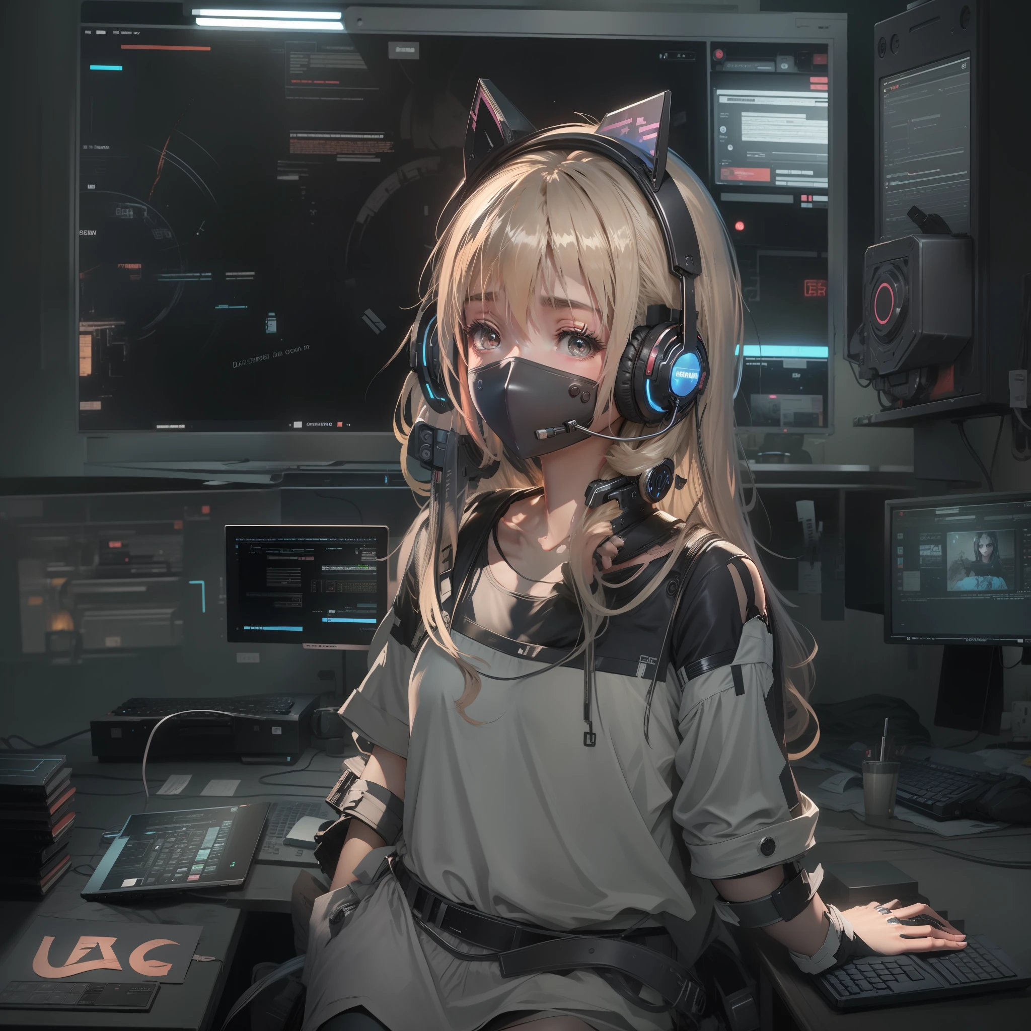 Computer，teens girl，headset on head，equipment，black room，Slouching，short- sleeved