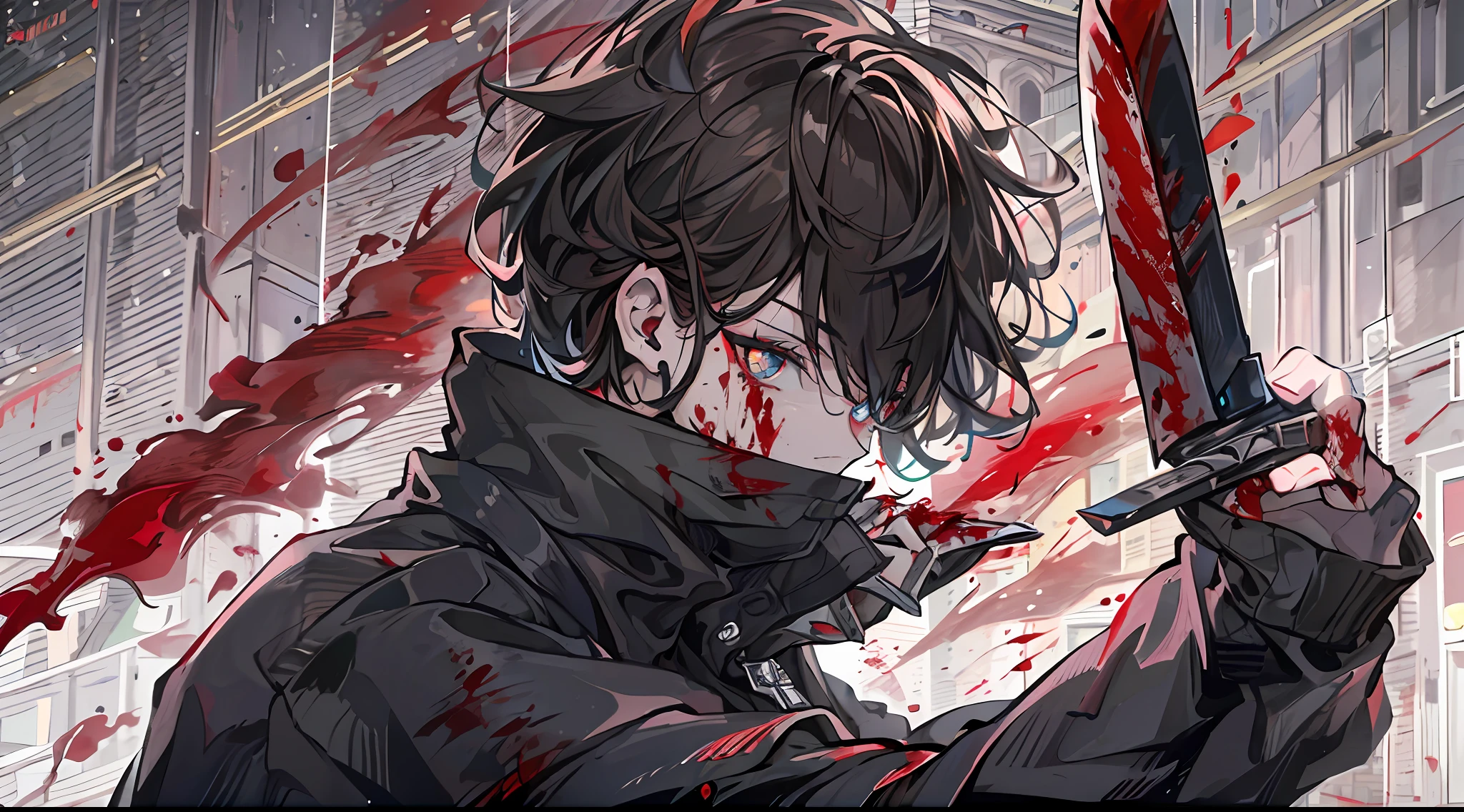 Superb quality,hyper-high detail,A 20-year-old boy,wearing a blacked shirt,brunette color hair,Black pupils,modernn architecture,front portrait,holding a knife,Be covered in blood