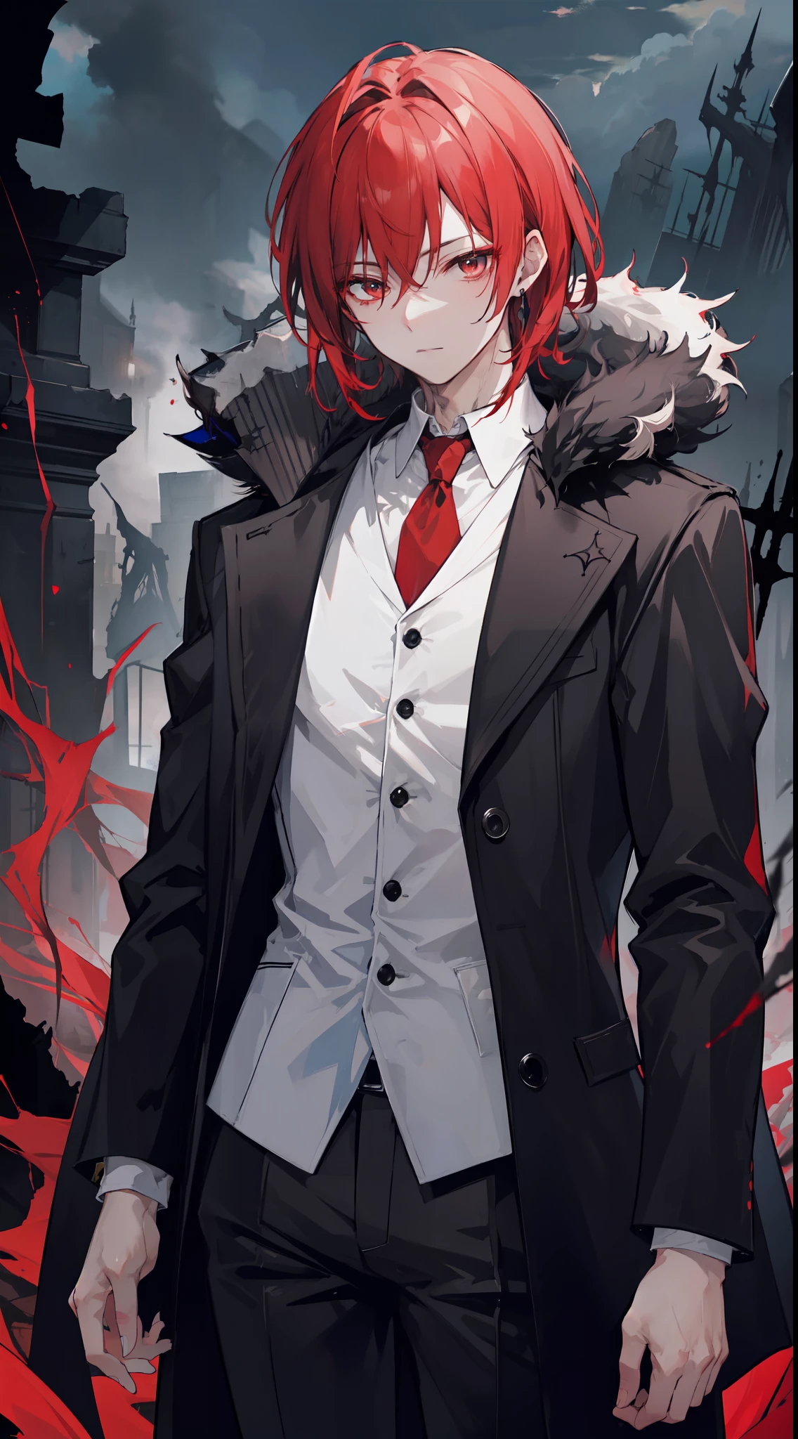 "4k, deep dark ruin without light, there's a mature male, with red hair, closes golden eyes, wears black coat"