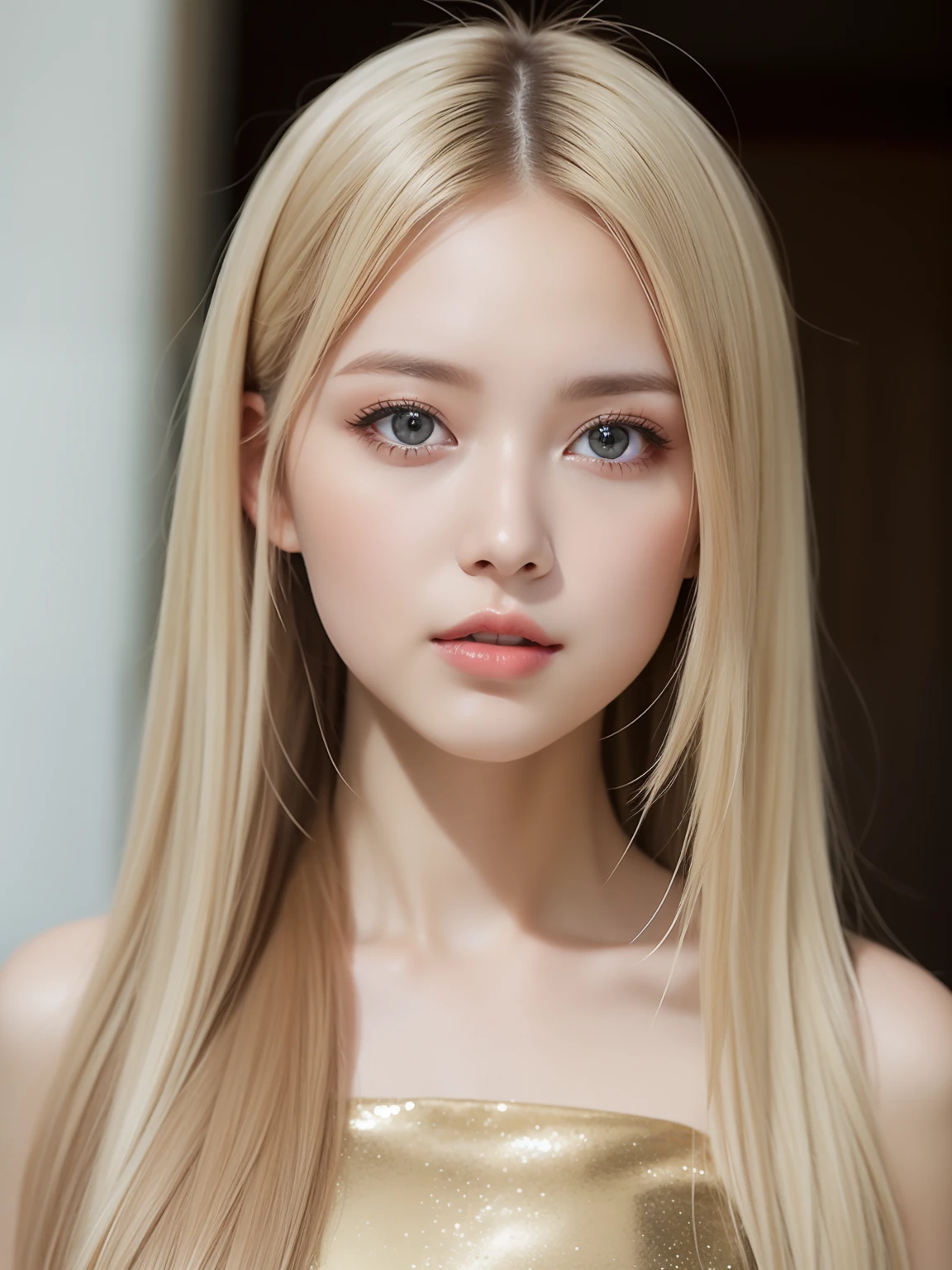 A woman of beauty in a fantastic space, Tight micro dress white and gold color, 98k, {{Masterpiece}}, Best quality, High quality:1.4), {{[[front look}}, eye_contact,Various photo actions)]], very pretty look face, and very pretty eyes, cute images, cute images, {{A half body}}, {{{{{{{{Long legs}}}}}}}}, {{{{slim sexy body}}}}, {{{{{{Tall woman}}}}}}, {{177 cm tall}}, Solo, Beautiful, Lovely, Adorable, Pale skin, {{18to 22 years old German girl}}, look beautiful German girl and blue eyes or green eyes with platinum blonde hair color), Nordic German young girl, {{{{{{{{{{half girl}}}}}}}}}}, {{{{{{{{{{High_Heels}}}}}}}}}},