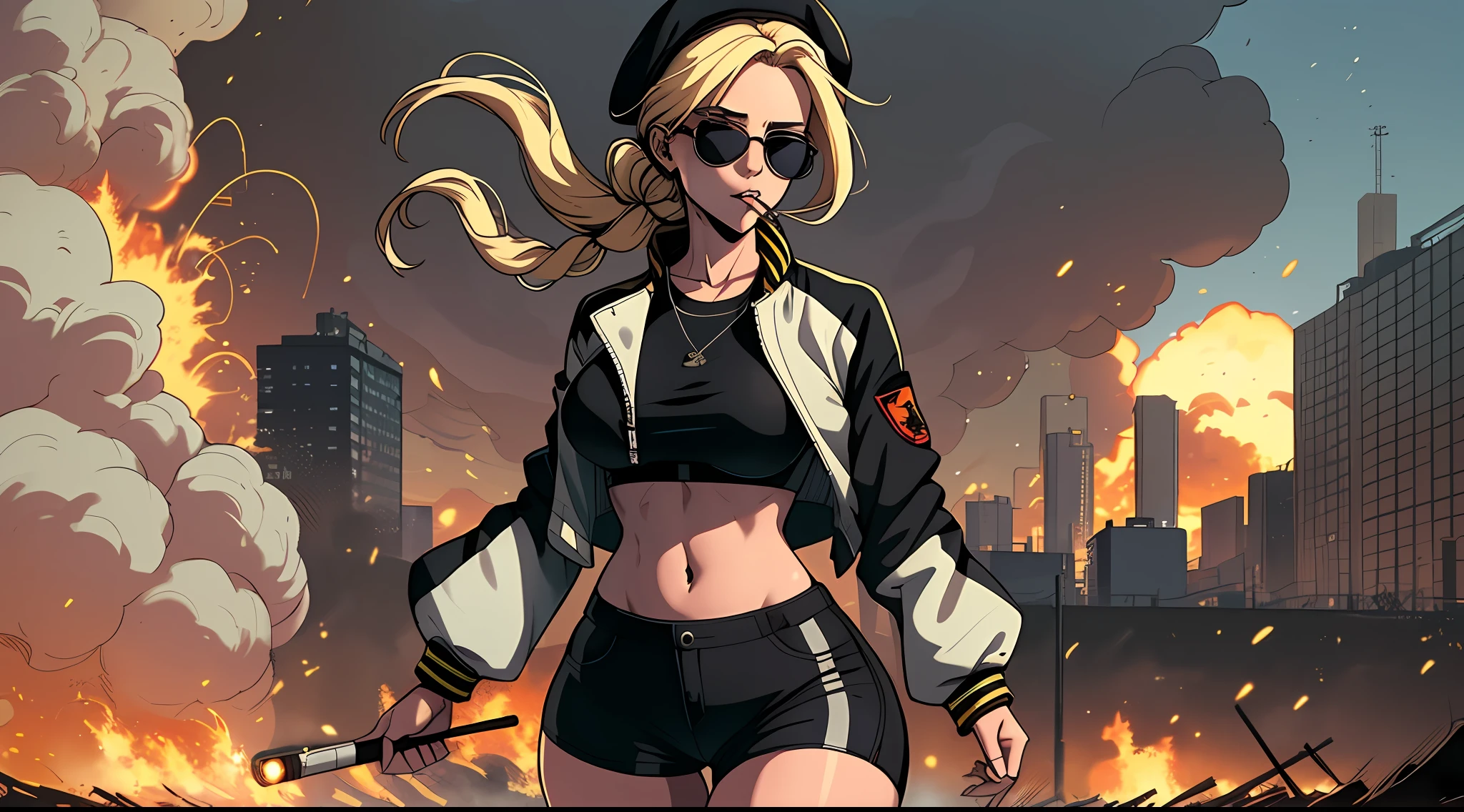 anime, front view of a blonde haired woman. large breasts, thick thighs, narrow waist and wide hips. Hair tied up in a braided ponytail. She's wearing beret, sunglasses, black jacket, crop top, hot pants, thigh highs and sneakers. lit cigarette in her mouth, as she's walking away from an explosion behind her