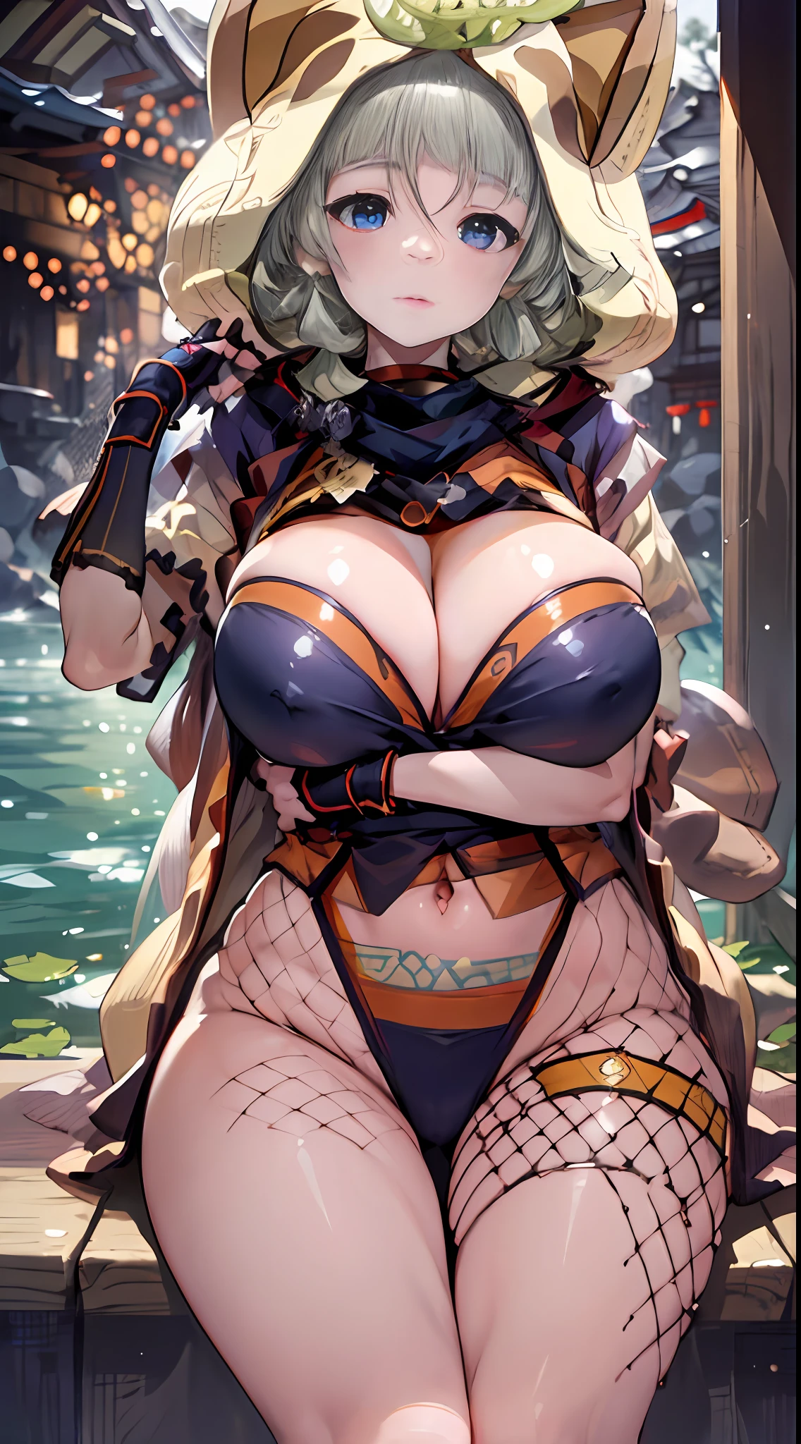 (NSTDA.:1.2), (10, beste-Qualit, master-piece: 1.4), ultra-high resolution, (lifelike, photorealistic portrait: 1.48), 25 years old, Cute Girl, Famous Japanese actors, gigantic breasts, Blue Eyes, Head tilt, cowboy shot, from the front,My favorite cat ears, looking at the audience, expressionless, Beautiful lake,  Zeiss 150mm F/ 2.8 Hasselblad, In Japanese shrines, Whole body, foot, Ultra-Wide Angle