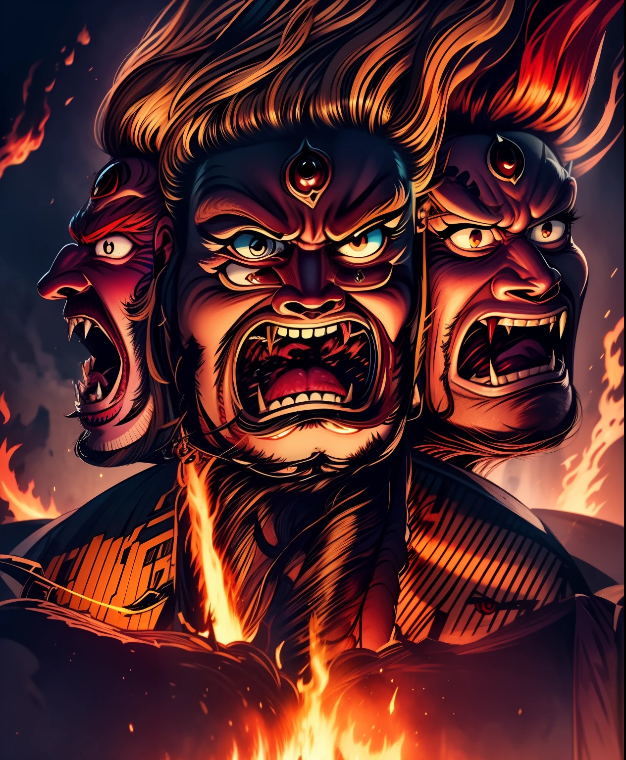 Angry three-headed man，Double eyes，buck teeth，Hair stands on end，Fire，