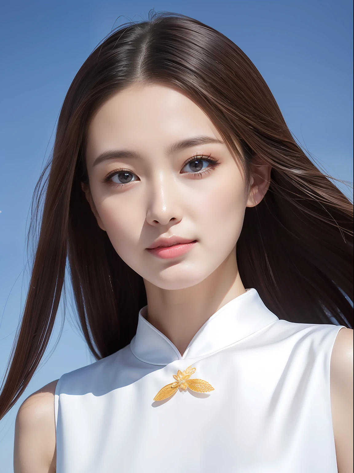 there is an ancient palace beside the girl, a extremely delicate and beautiful girl, photorealistic, incredibly absurdres, Abstract art, Show from the hips to the shoulders, grabbing, extremely detailed body, woman, young,20 years old, very long hair, floating hair, light brown hair, two-tone hair, beautiful detailed hair, delicate beautiful face, light smile, clear eyes, parted_lips, black eyes, Noble cheongsam, white Clothes, floating palace, beautiful and clear background, beautiful sky, bloom, very precise detailed, absurdres, extremely CG,
