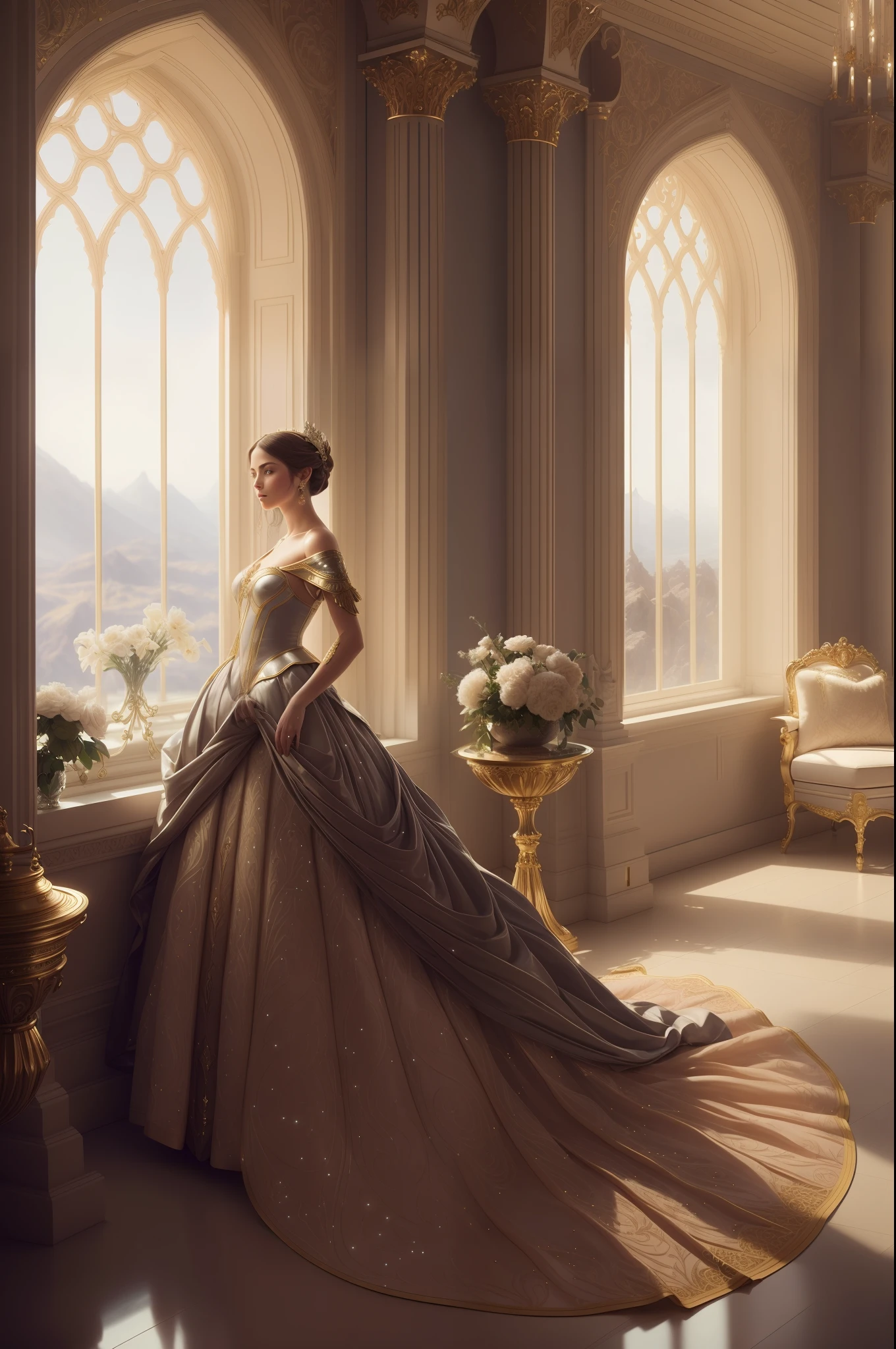 the perfect human model princess in a royal party at a space station with big windows, accurate details, detailed face, fantasy, dramatic, intricate, elegant, highly detailed, digital painting, artstation, concept art, smooth, sharp focus, illustration, art by gustave dore, octane render, 4k