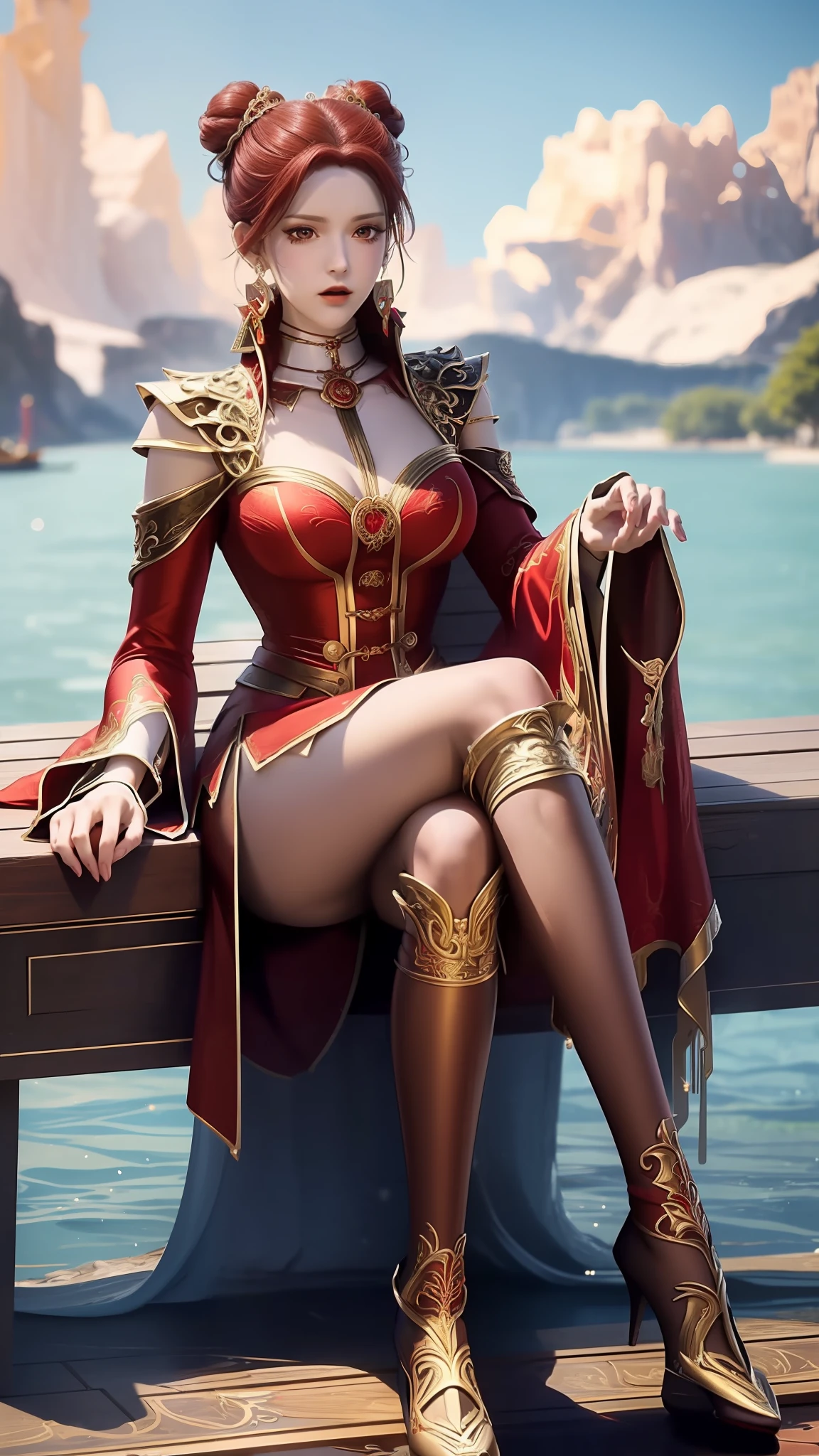 Arad woman in a red dress sitting on a dock by the lake, a photorealistic painting inspired by Du Qiong, Trend of CGsociety, Fantasy art, lady in red armor, wearing gilded red robes, beautiful and seductive anime woman, succubus in tight kilt, wearing gilded red royal robes, silver armor and red clothing, fantasyoutfit