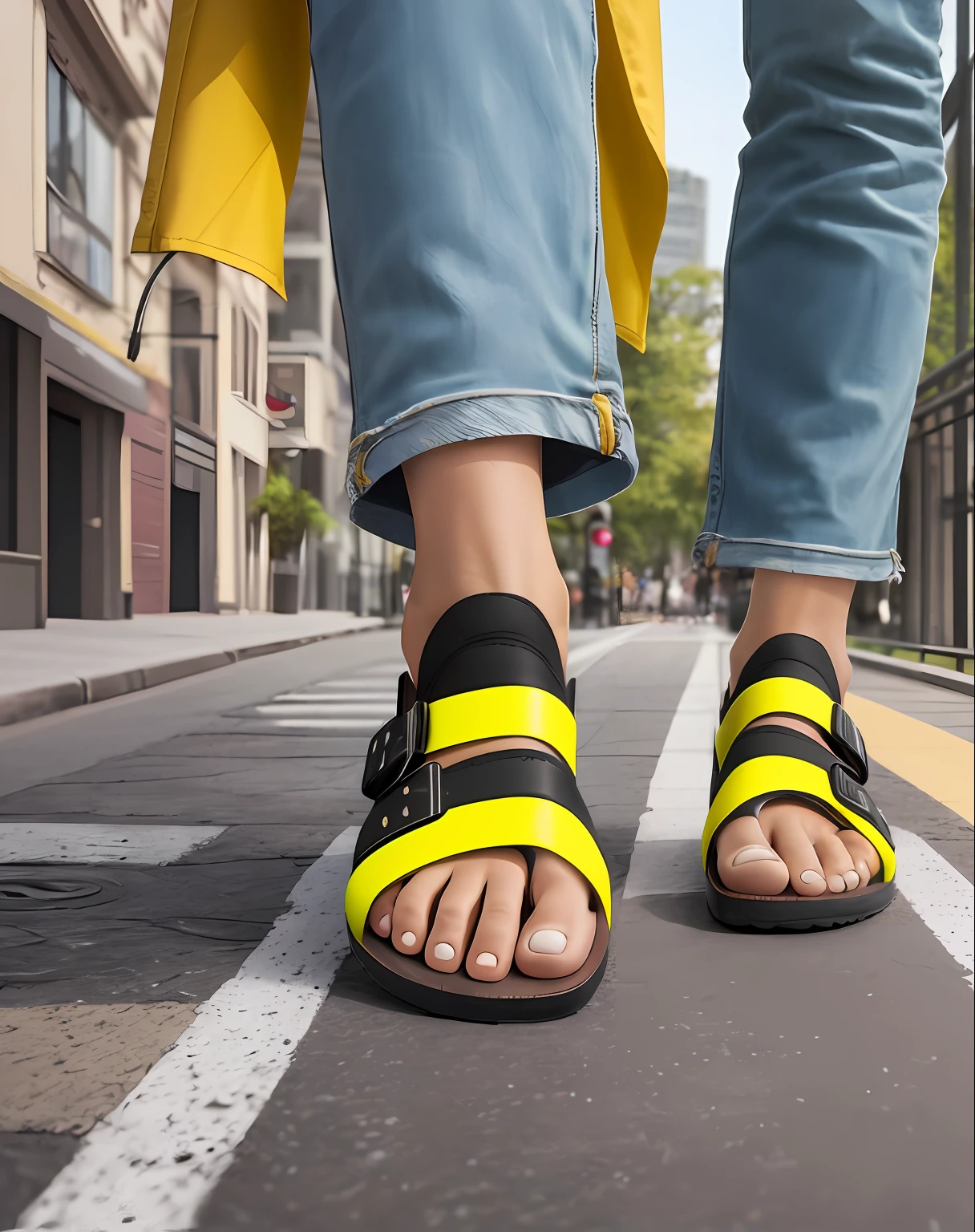 hotorealistic promotional banner for the "SIDEWALK" brand's "Freewalk", Anatomical Sandal, Hiper realism, profissional camera. Human walking, perfect foot. BIRKEN. A graphic design material, yellow, black, white, creative, modern, dynamic layout. User interface, dribble, behance, friendly, Nike, Puma, Adidas, product design, e-commerce, digital marketing, UX, beautyful images, text descriptions, landing page, product selling. Image of the sandal in focus, showcasing multiple angles, premium materials, and visible anatomical details. Add people wearing the sandal in everyday and relaxed situations. People walking on a street.  Add typography. Place the "SideWalk" logo discreetly in the bottom right corner. Show more dynamic images. Use a contemporary and cheerful color palette manly yellow and black  to convey optimism and freedom. Create a balanced composition to captivate the audience's attention and evoke a desire to experience the stylish and comfortable Anatomical Sandal. Urban, adventure, nature.