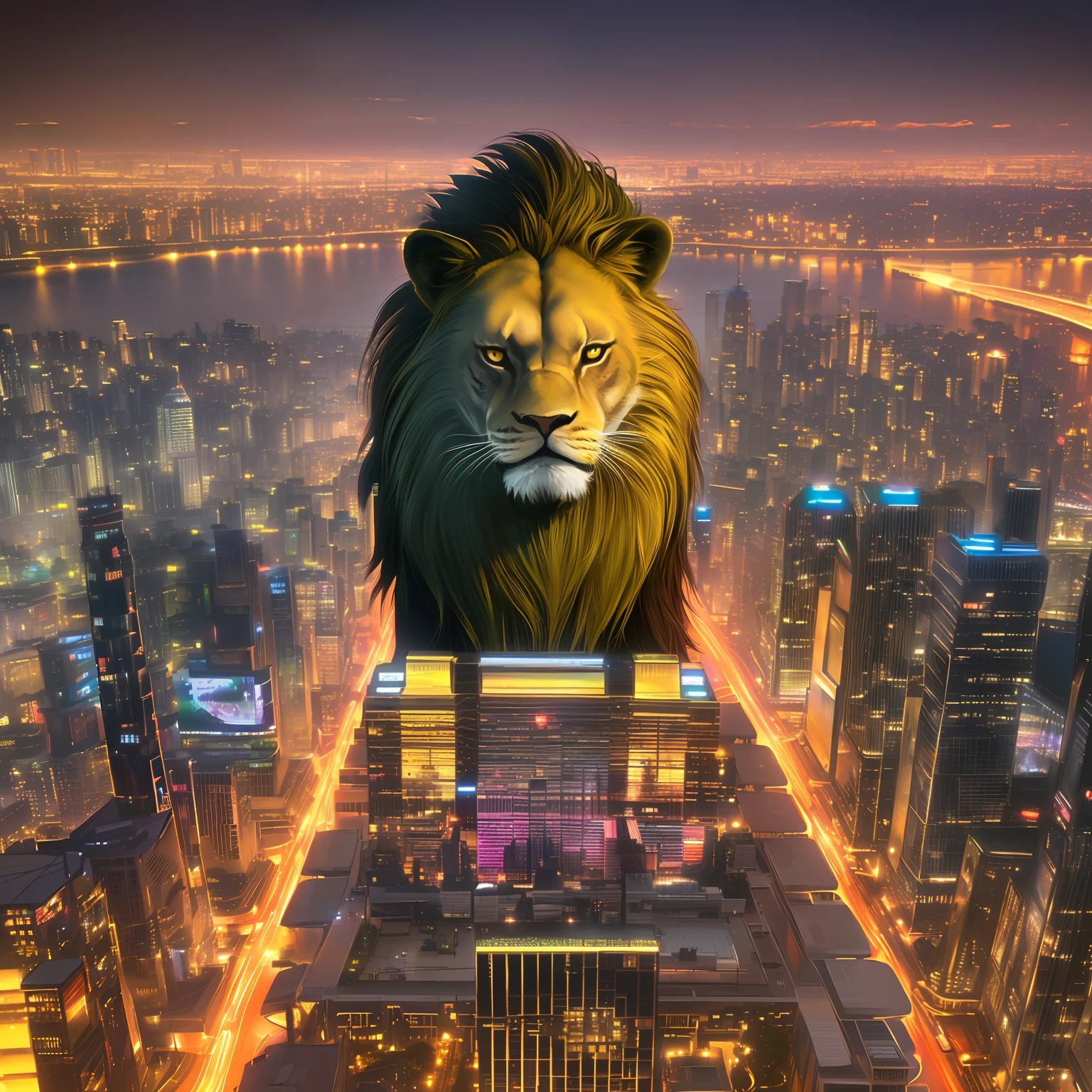 A stunning view of Tokyo at night, with a lion standing in the center of the cityscape, surrounded by a sea of vibrant lights. Rendered in 3D with realistic textures and vivid colors.