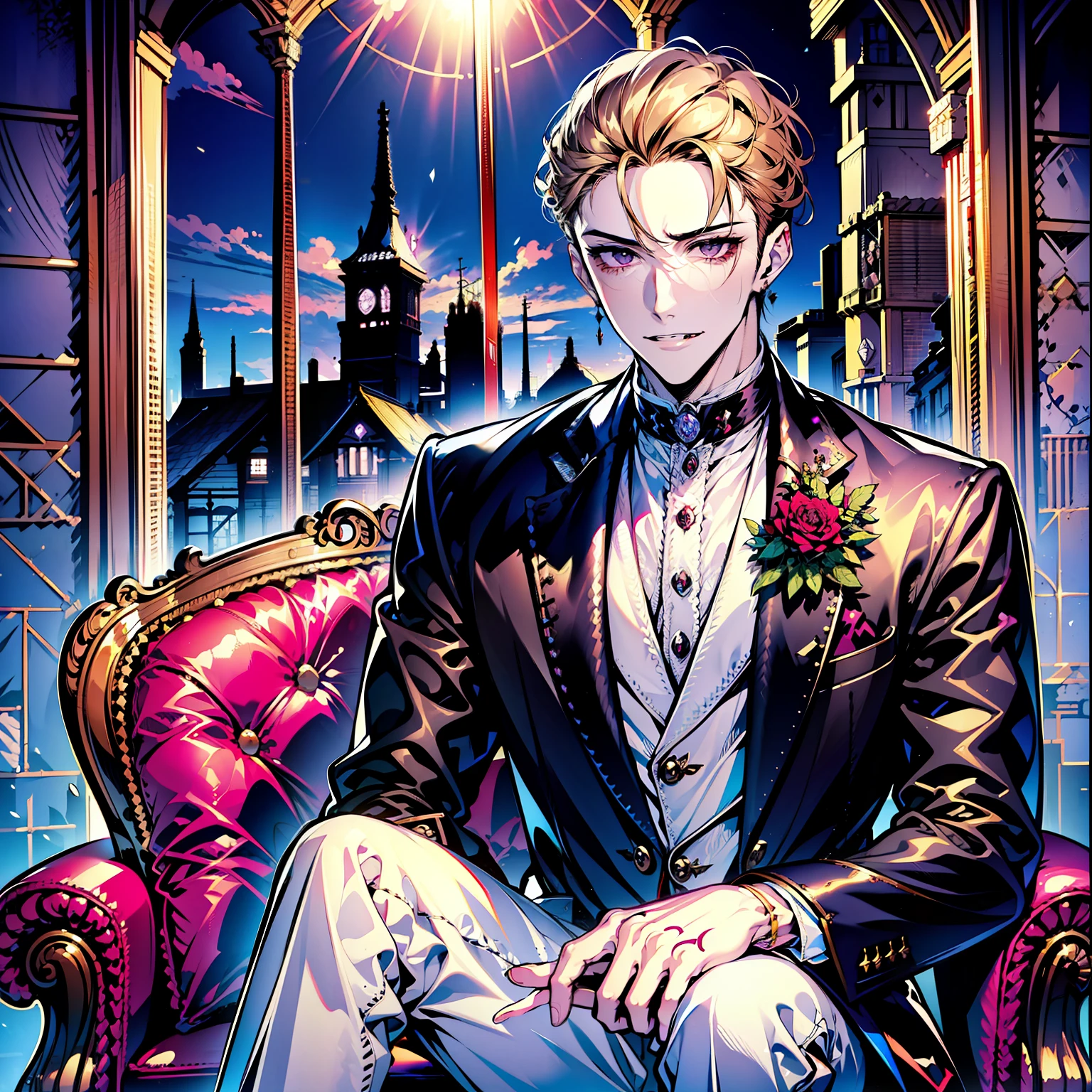 exquisitedetails，tmasterpiece，Perfect details，8K，Black leather shoes，Clean and fair face，No bangs，one color background，Disdainful eyes, Arrogance, disdain, Coldness,A person sits on a red sofa, whitegloves，Red wine glasses，Without background，Unremitting eyes，handsome guy in demon killer art, Handsome anime pose，Vampire skin