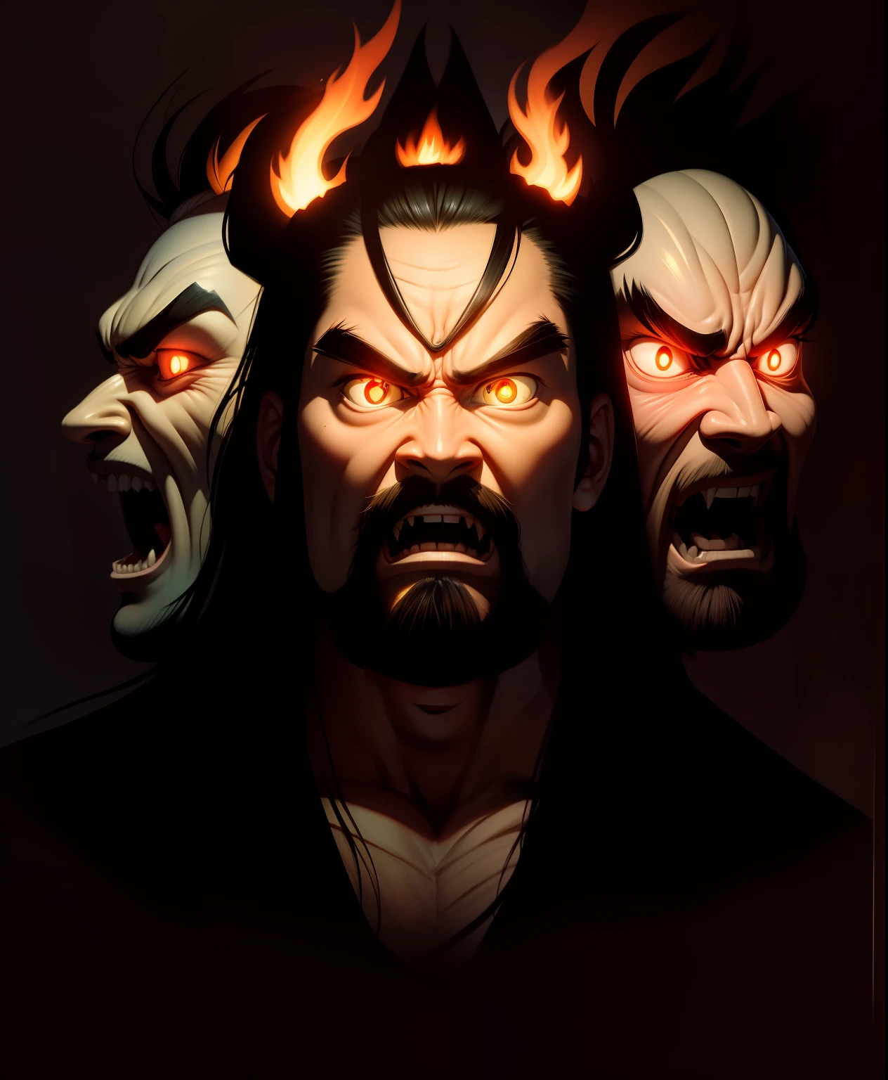 Angry three-headed man，Double eyes，buck teeth，Hair stands on end，Fire，