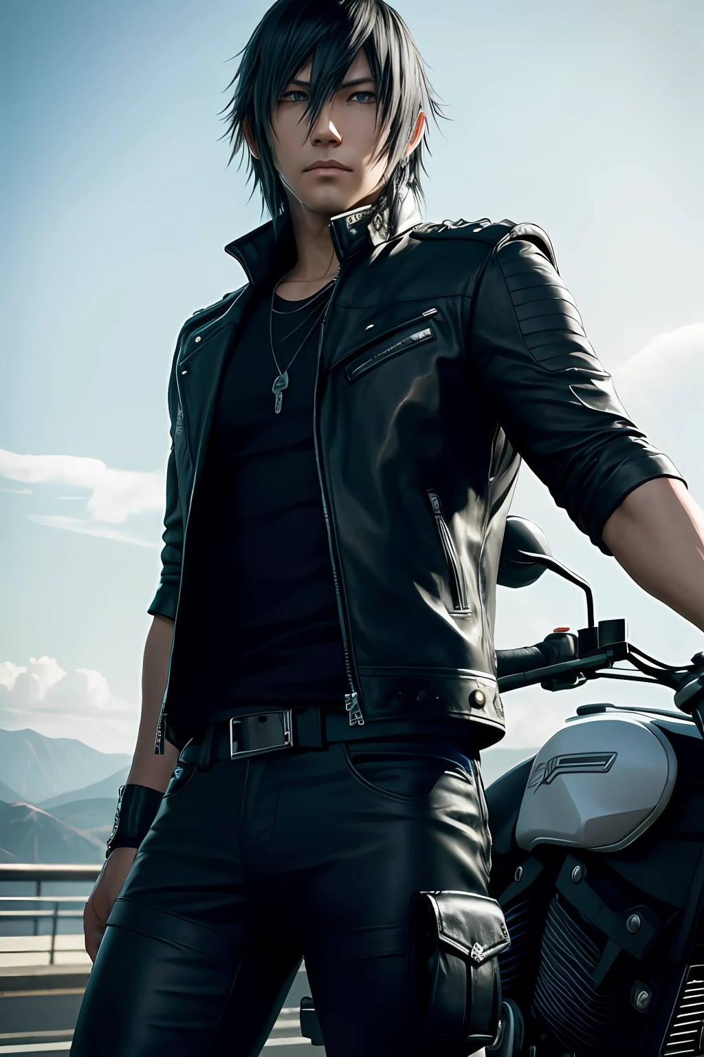 （cowboy lens），SFW，（tmasterpiece），（best qualtiy：1.0），（超高分辨率：1.0），finely-detailed eyes，black biker jacket，Gilet blanc，Black leather pants，Spikes，（Man riding motorcycle），beautful view，The game character ff15noctis