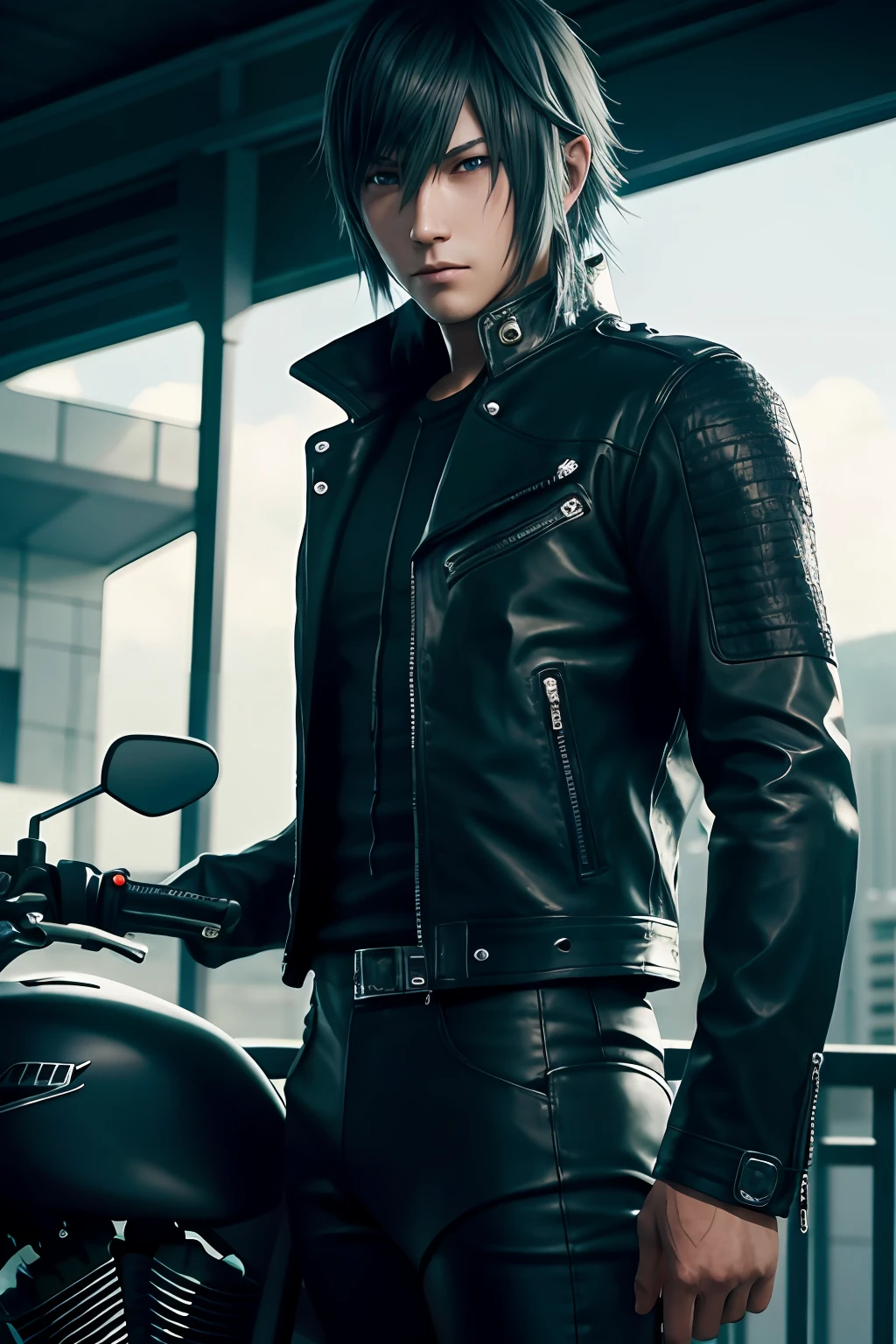 （cowboy lens），SFW，（tmasterpiece），（best qualtiy：1.0），（超高分辨率：1.0），finely-detailed eyes，black biker jacket，Gilet blanc，Black leather pants，Spikes，（Man riding motorcycle），beautful view，The game character ff15noctis