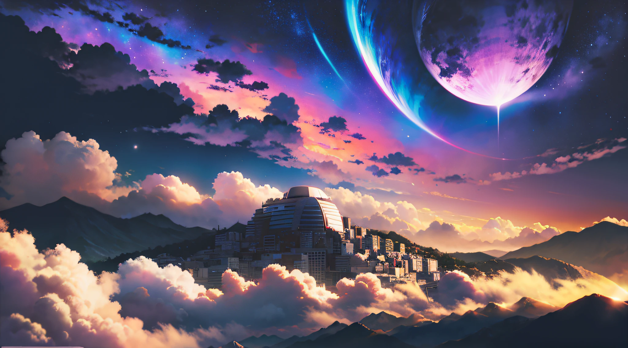 Anime setting of a city in the sky with a planet in the background, artstation e bipe altamente, Cidade flutuante nas nuvens, Estilo anime cityscape, estilo anime 4K, papel de parede de paisagem anime, Artgem e Beeple Masterpiece, Paisagem urbana de fantasia, sci-fi fantasy wallpaper, 3 d render bipe, planeta fantasia, anime sky, Paisagem do anime