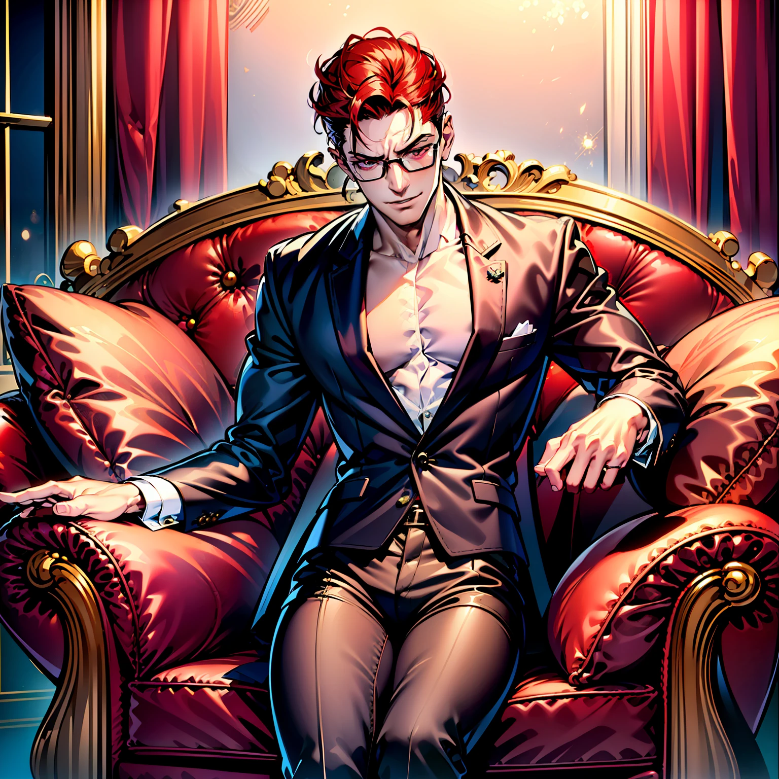 Disdainful eyes, Arrogance, disdain, Coldness,A person sits on a red sofa, whitegloves，Red wine glasses，Bar background，Unremitting eyes，Red sofa，Disdainful eyes, Arrogance, disdain, Coldness，handsome guy in demon killer art, Handsome anime pose