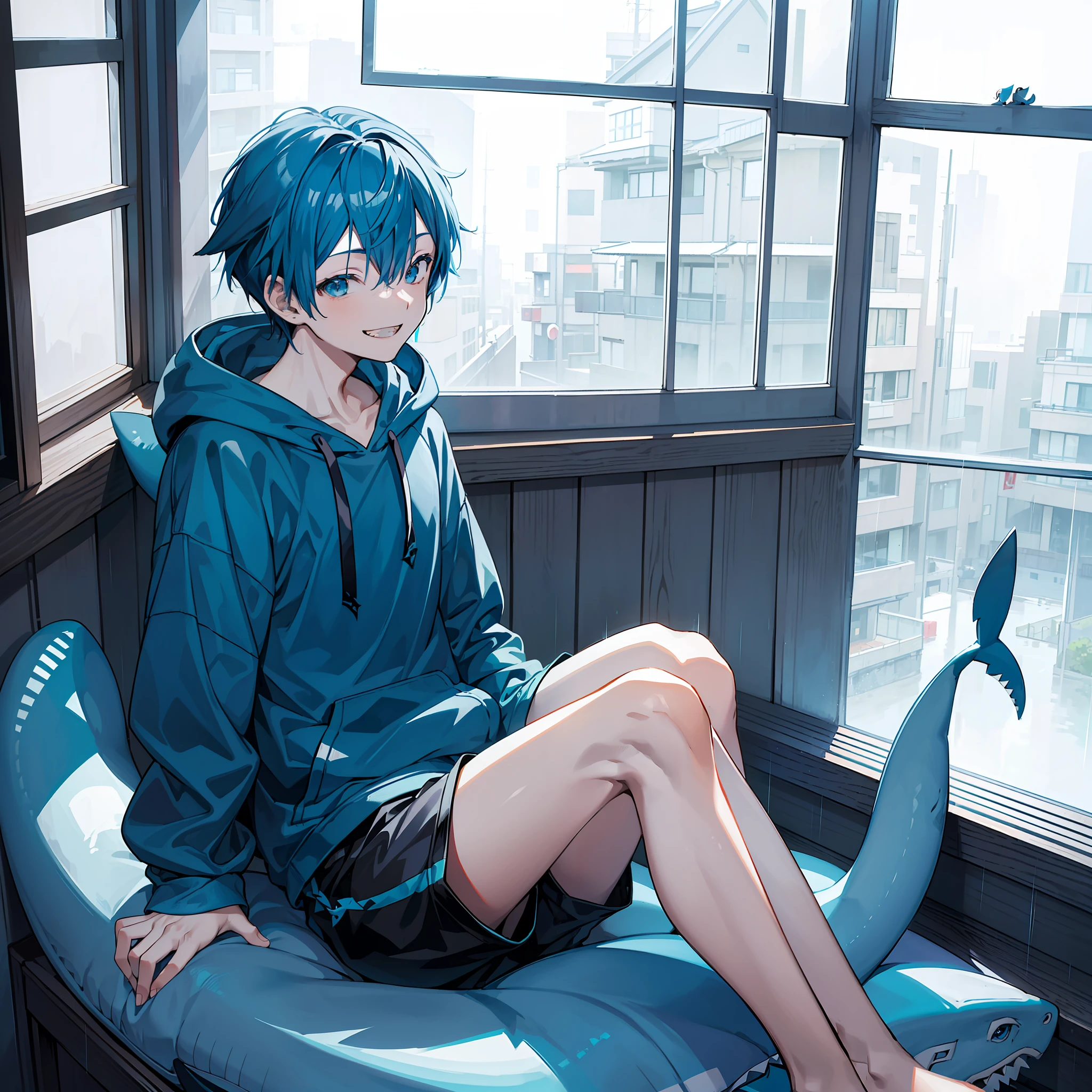 masterpiece, best quality, full body, (sitting near the window), (1boy), (Wearing a blue shark tail hoodie), (boy smiling sharp teeth), (Boy Messy Japanese Round Haircut for Thick Hair), (blue hair), black shorts, ((solo)), fashionable, in bedroom, rain falling outside window,