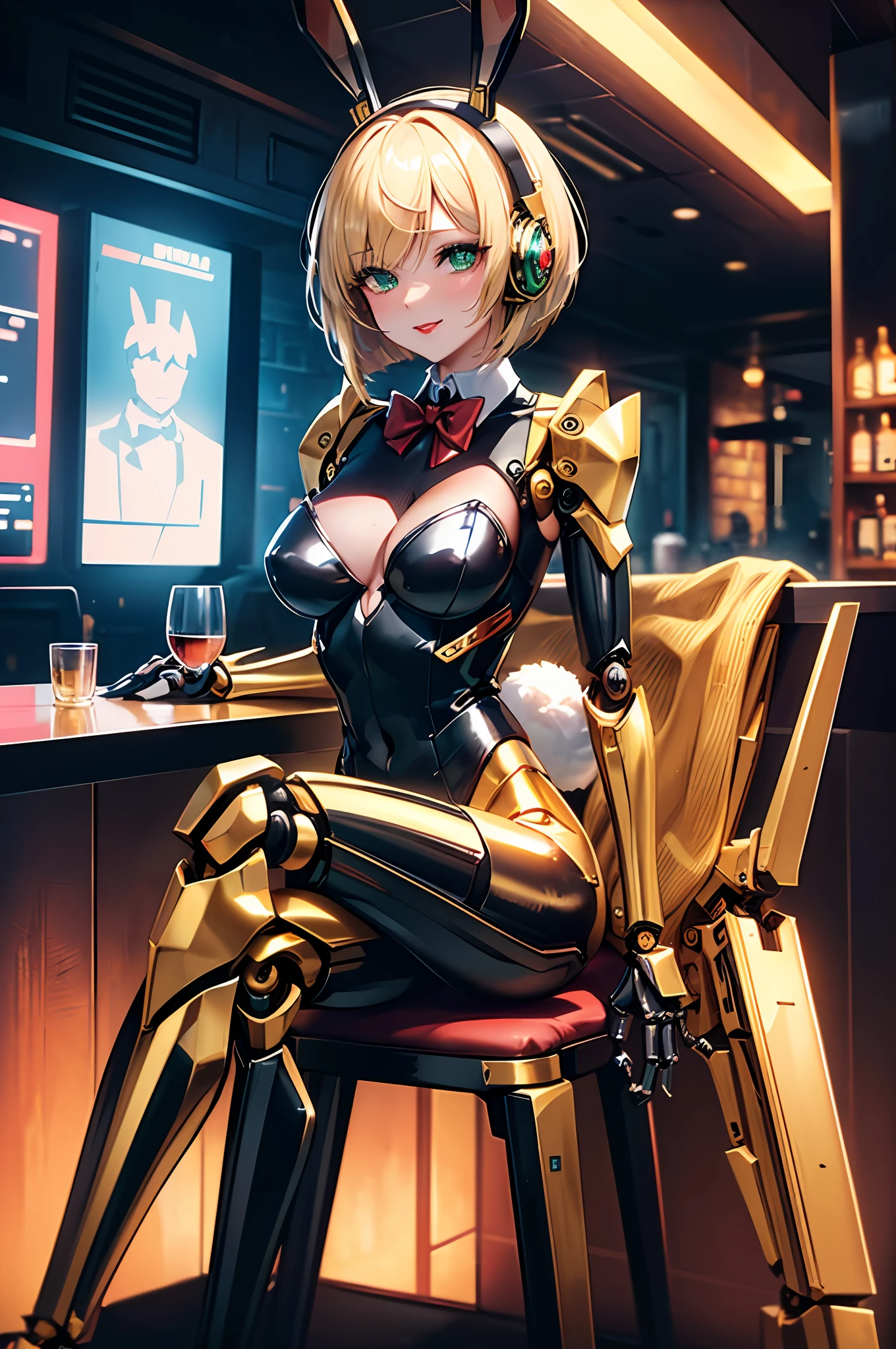 Top quality, intricate detail, super detailed, accurate depiction, highly detailed 8k wallpaper, beautiful mechanical woman, solo, (half closed eyes, green eyes), (masterpiece eyes), BREAK, seductive smile, (mechanical bunny girl: 1.3), (black exoskeleton leotard: 1.5), (golden color mechanical joints, mechanical arms, mechanical legs:1.5), (exposed shoulders, exposed armpits), BREAK, (long eyelashes, red lips), bowtie, rabbit ear headphones, rabbit tail, (blonde hair, bob cut), (5fingers, 4fingers and 1thumb), BREAK, cyberpunk, (bar), bar counter and round chairs, wine, whiskey, bourbon, neon signboard, arms behind back, sitting, crossed legs,