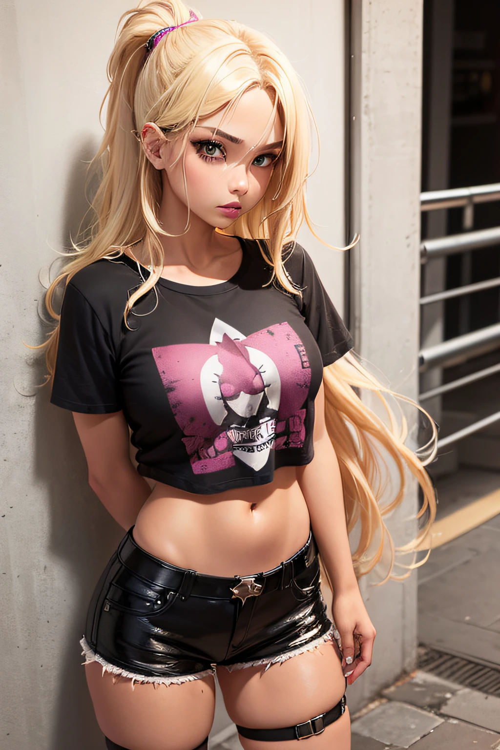 "(1girl), medium-sized breasts, tanned complexion, glistening skin, perspiring skin, flowing wavy blonde hair, punk-inspired t-shirt, edgy punk girl, alluring, seductive."