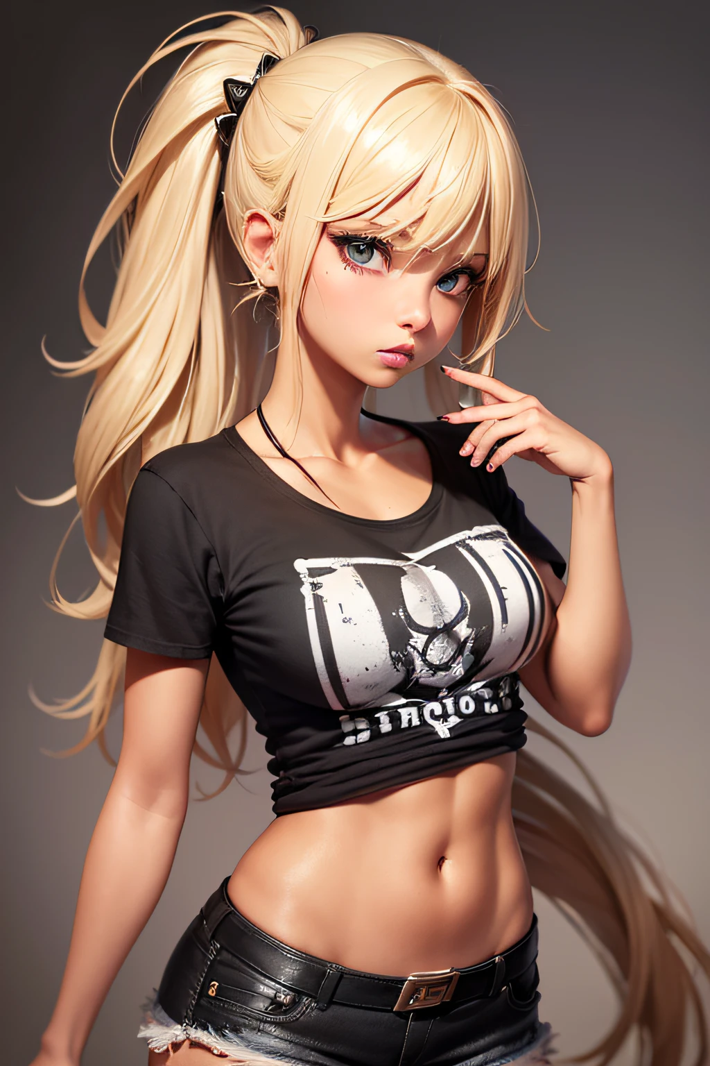 "(1girl), medium-sized breasts, tanned complexion, glistening skin, perspiring skin, flowing wavy blonde hair, punk-inspired t-shirt, edgy punk girl, alluring, seductive."