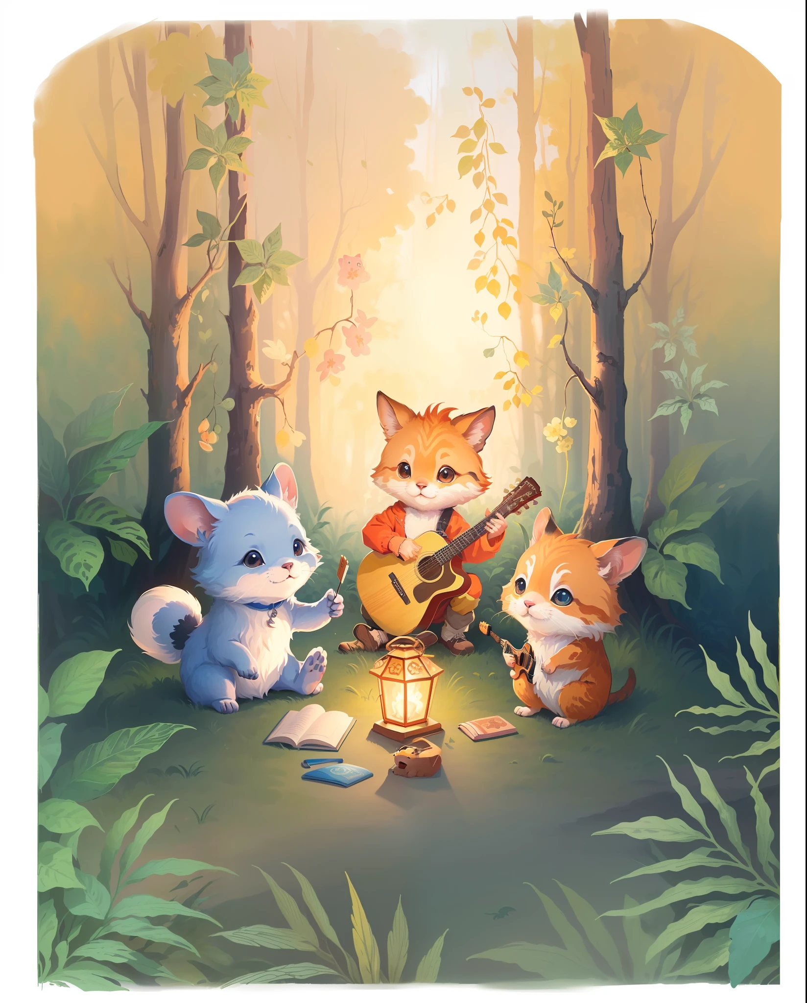 There are three animals that are playing guitar in the forest, 3 bichos da floresta, cute storybook illustration, illustration of children's books, illustration for children's book, illustration of children's book, illustration of children's books, illustration of children's books, illustration of children's book, Piquenique na floresta, full-colour illustration, official illustration, painting digital adorable, story book illustration, Povo do rato, arte fofa