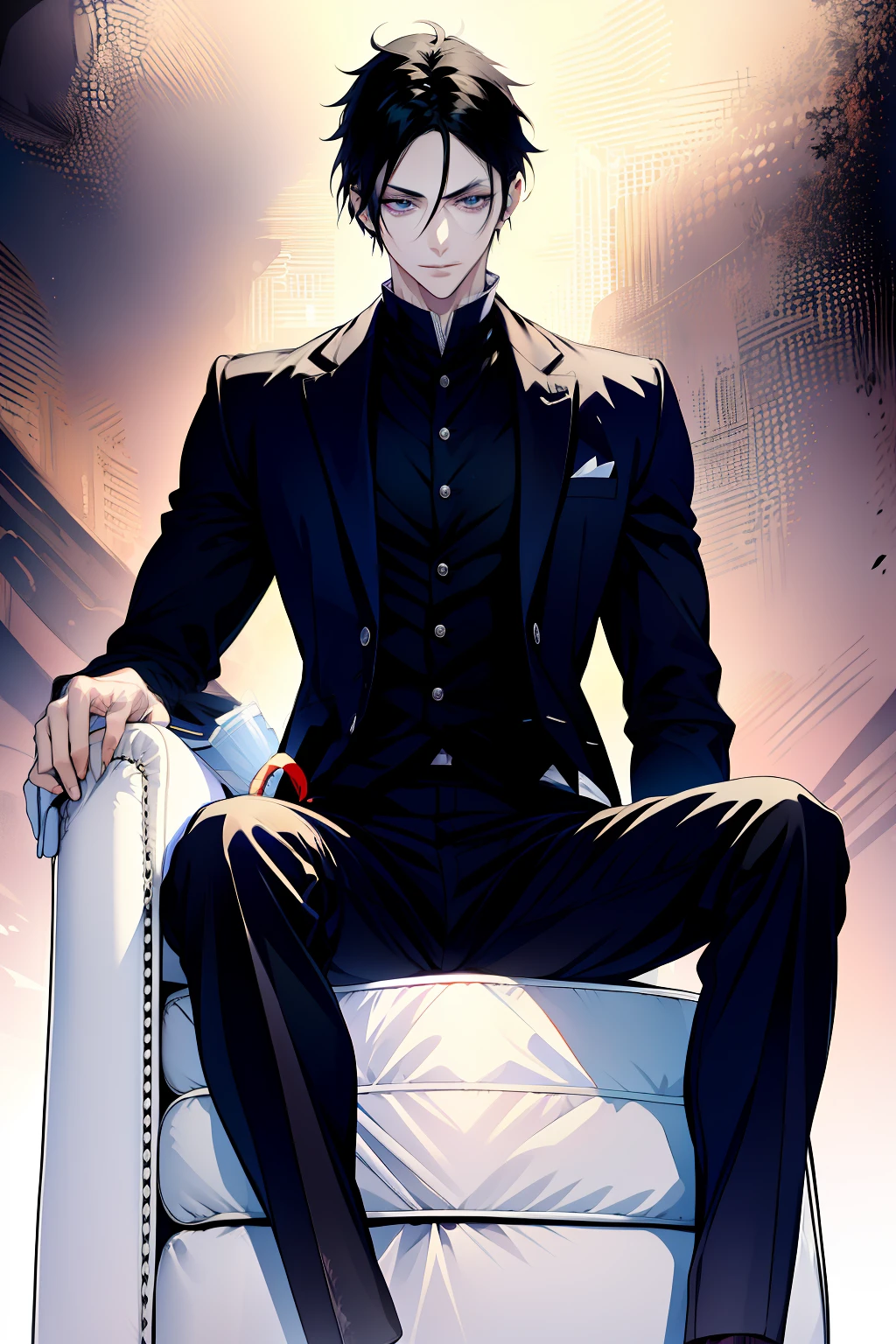 absurderes，A high resolution，ultra - detailed），1 man，Adults，handsome，Tall muscular boy，a broad shouldered，Fine eyes and detailed face，Aloof，Disdainful eyes，long eyes，with short black hair，sasuke，Onyx-colored eyes，nobles，Magnificent background，shadow effect，a throne，（anime big breast），Uchiha sasuke。