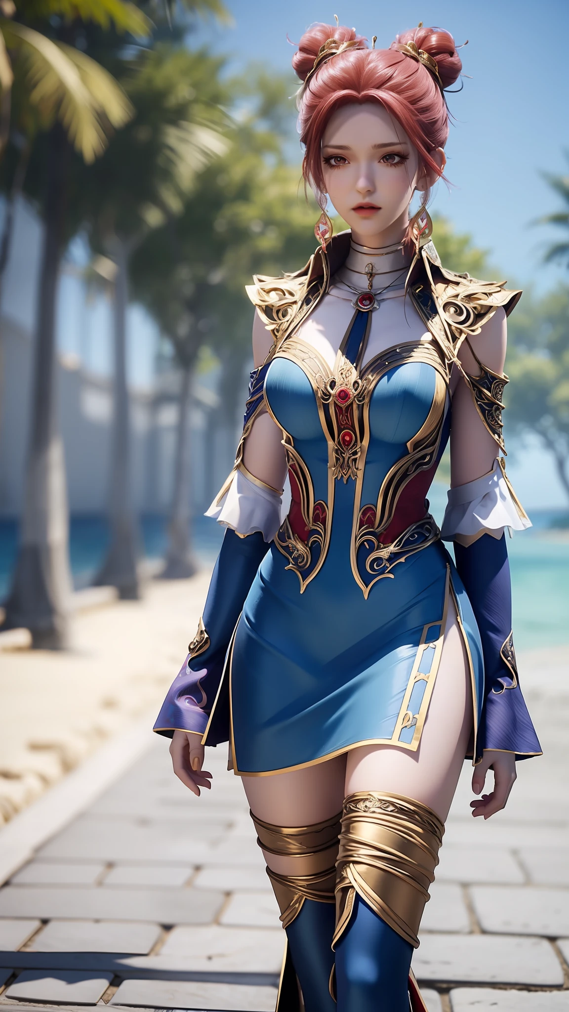 Arad woman in blue dress and white shirt walking on the beach, photorealistic anime girl rendering, render of a cute 3d anime girl, 3 D rendering character art 8 K, realistic fantasy rendering, Costume with blue accents, wearing fantasy clothing, fantasyoutfit, fantasy style clothing, hyper-detailed fantasy character, stuning fantasy 3 d render