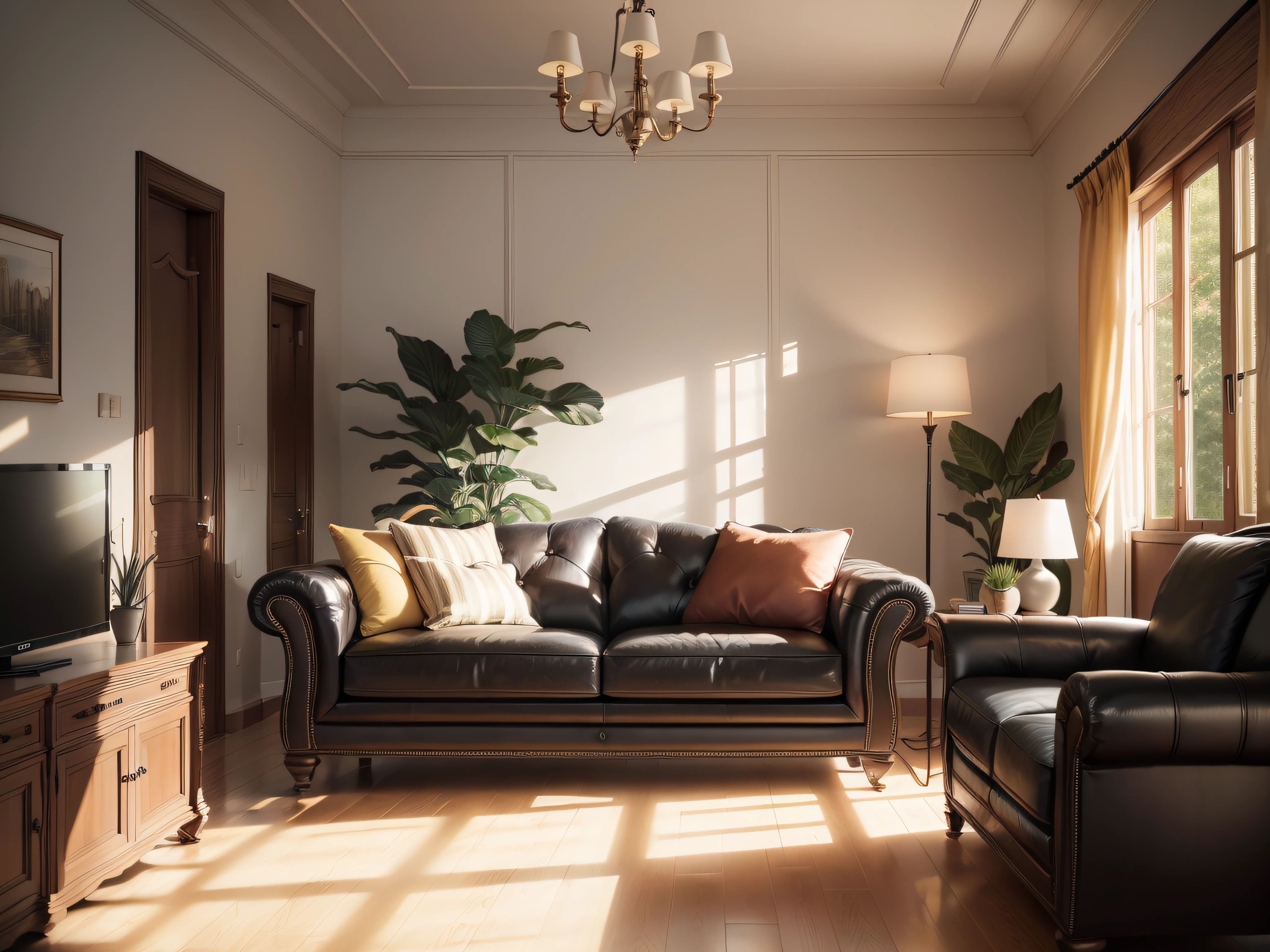 (masterpiece:1.2), (dynamic angle:1.1), (interior:1.3), (living room:1.2), couch, lamp, tv, (sofa:1.1), plant, windows, (table:1.2)